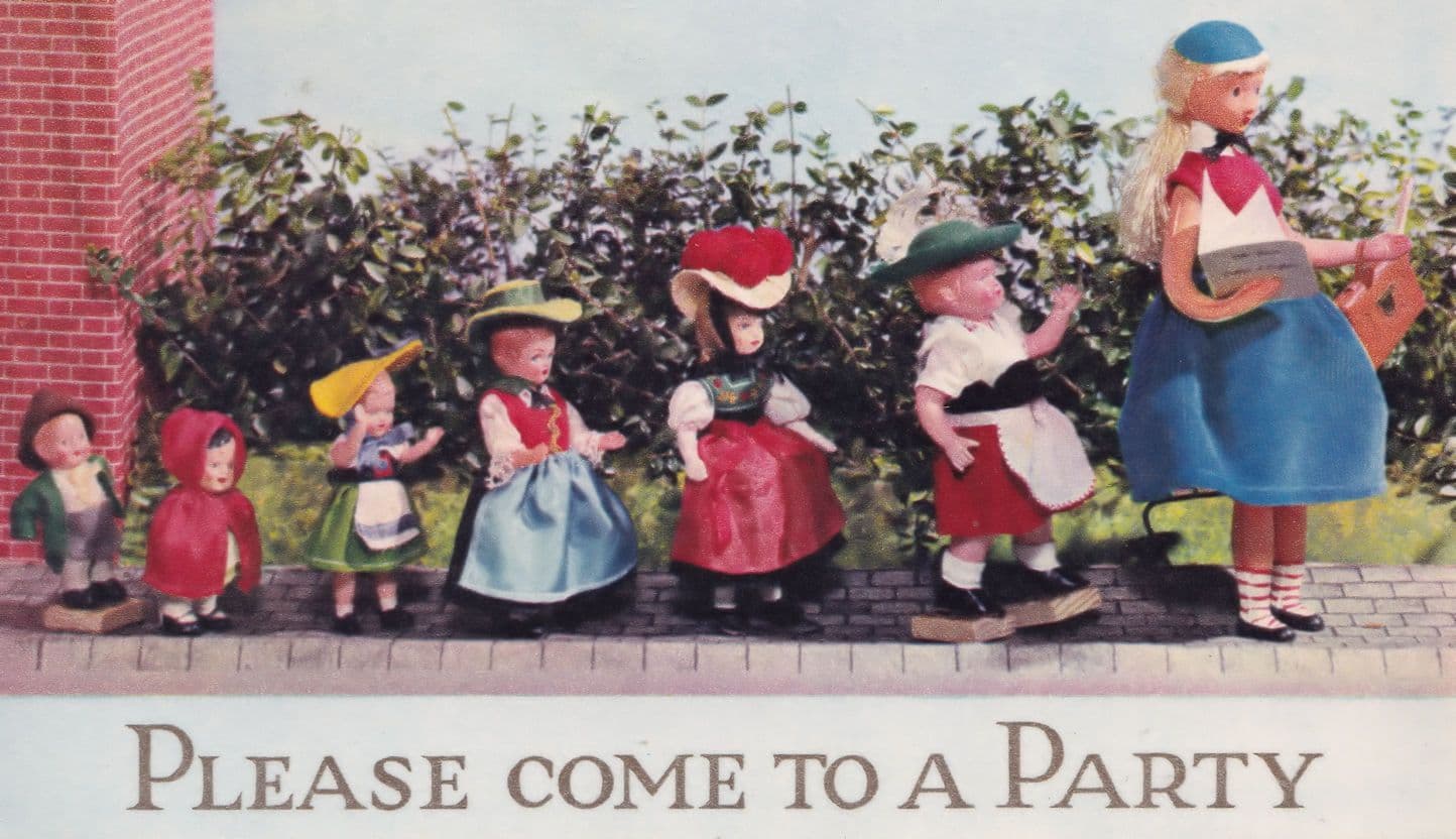 Dolls Parade Going To Childrens Party 1960s Postcard Invitation