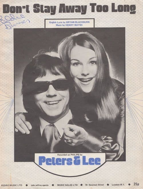 Don't Stay Away Too Long Peters & Lee 1970s Sheet Music