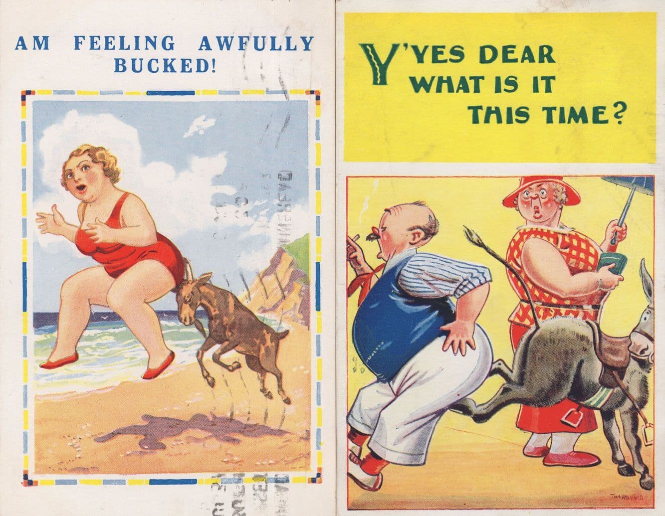 Donkeys Kicking Pony Beach Rides Comic 2x Old Humour Postcard s