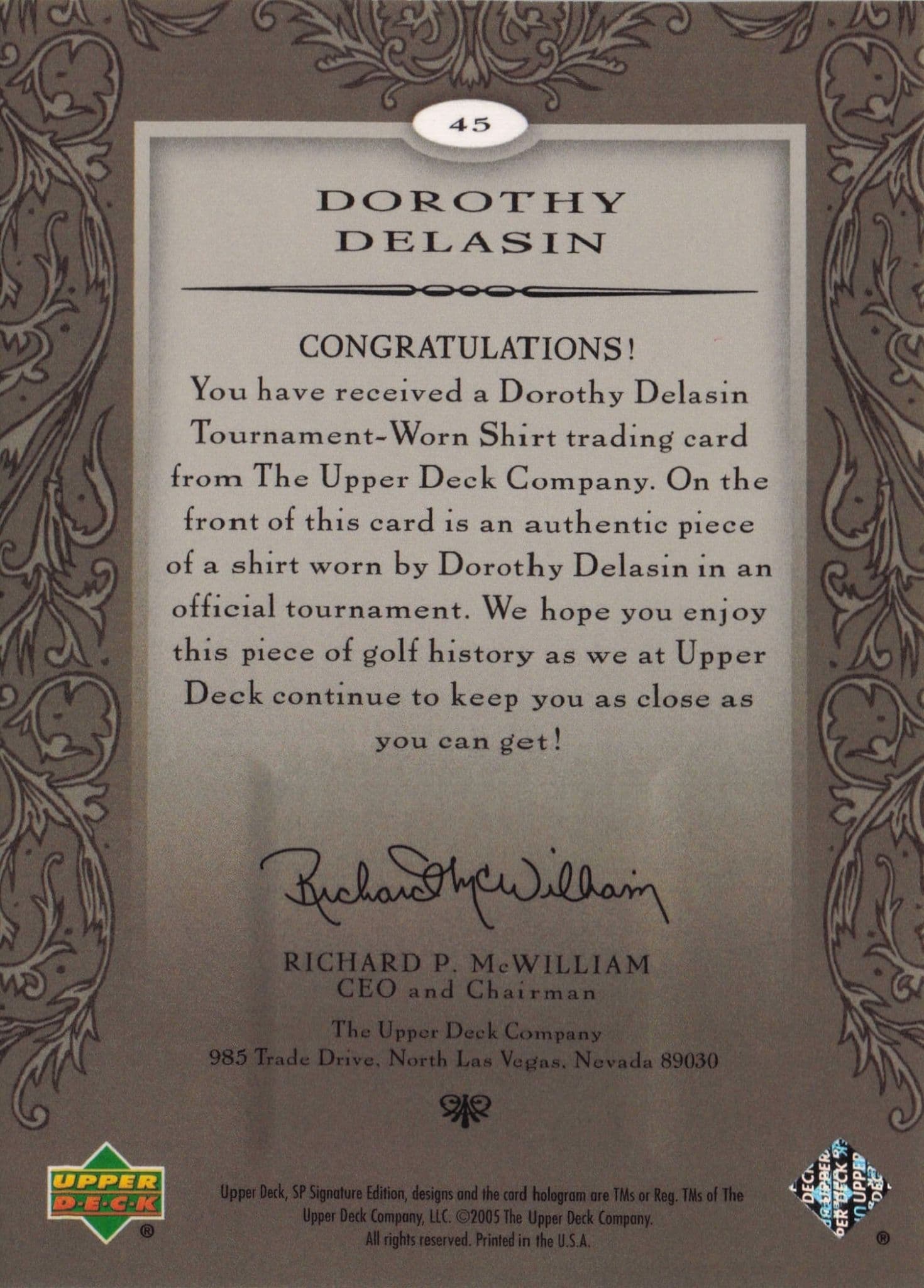 Dorothy Delasin First Tee SP 2005 Golf Upper Deck Relic Shirt Card