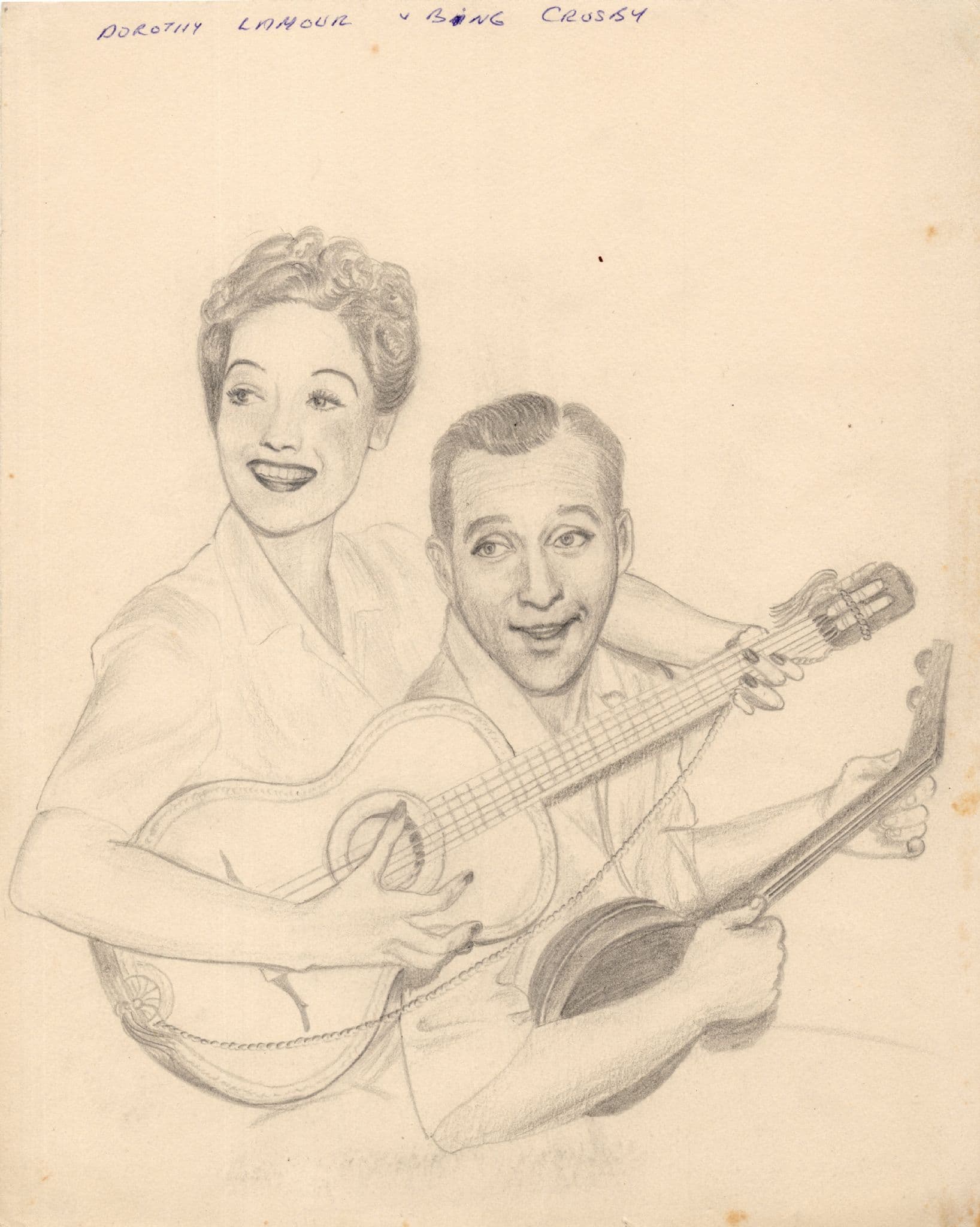 Dorothy Lamour & Bing Crosby Hollywood Film Stars Large Rare Art 1940s Hand Drawing