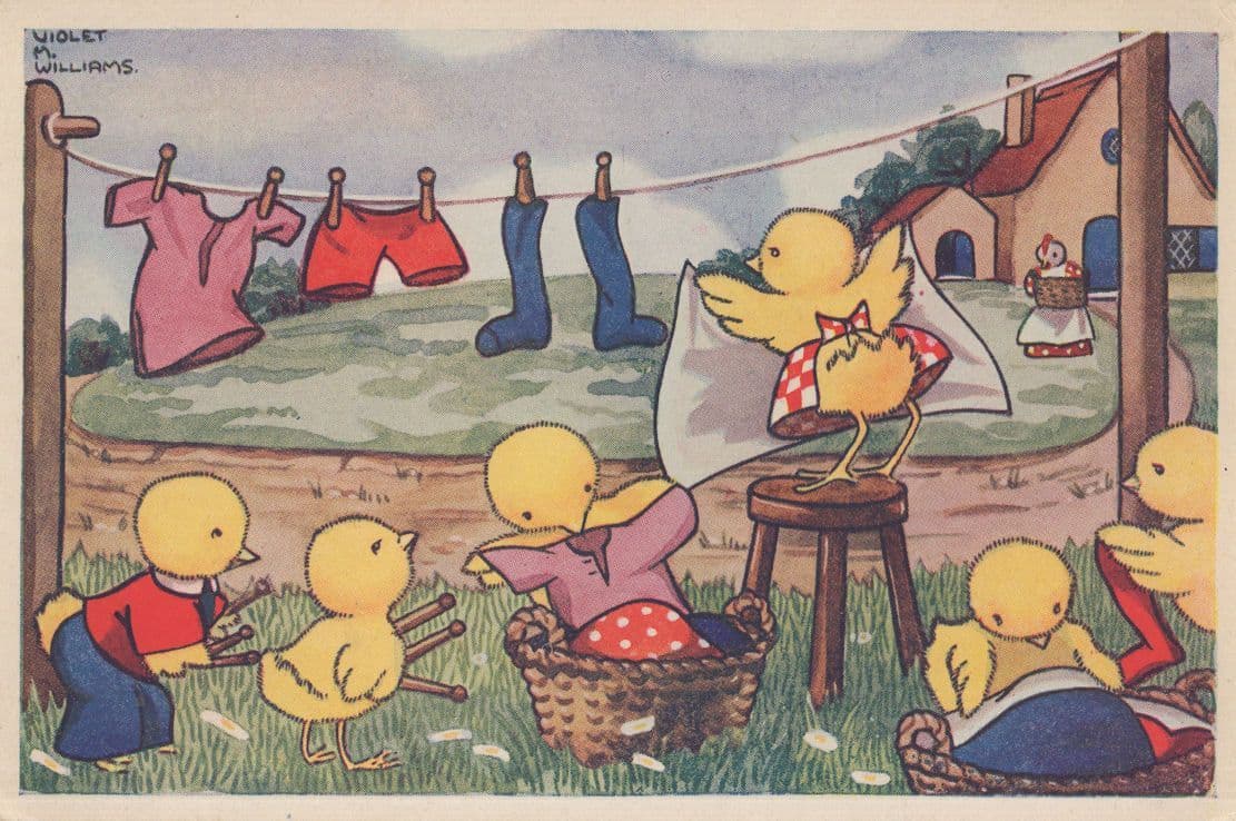 Dorothy Marigold Birds Line Washing Day Chicks Old Comic Postcard