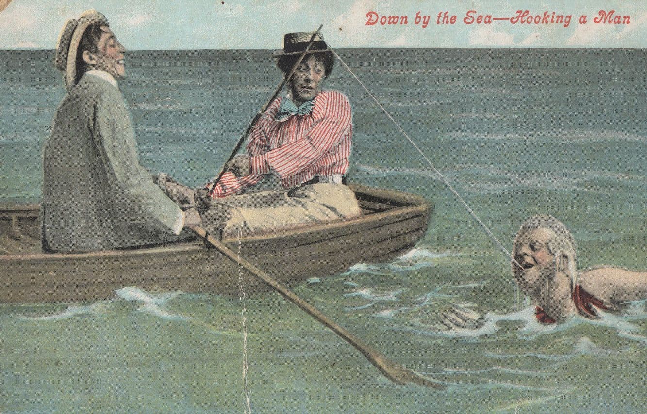 Down By The Sea Hooking A Man Old Fishing Comic Postcard
