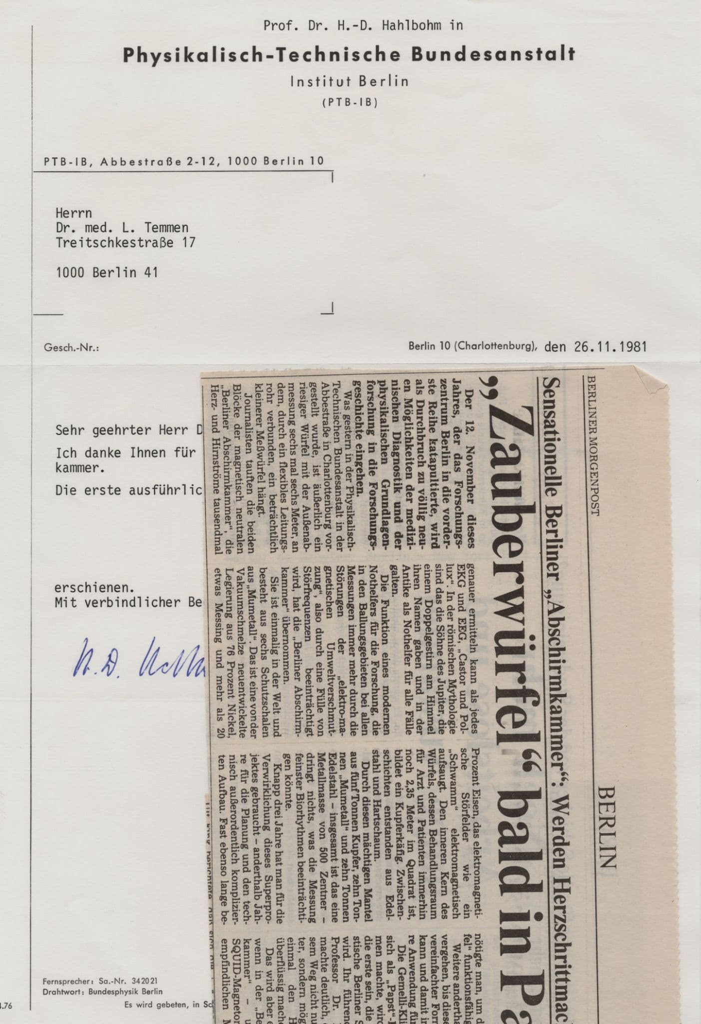 Dr Hans Dieter Hahlbohm German Magnetism Professor Hand Signed Letter