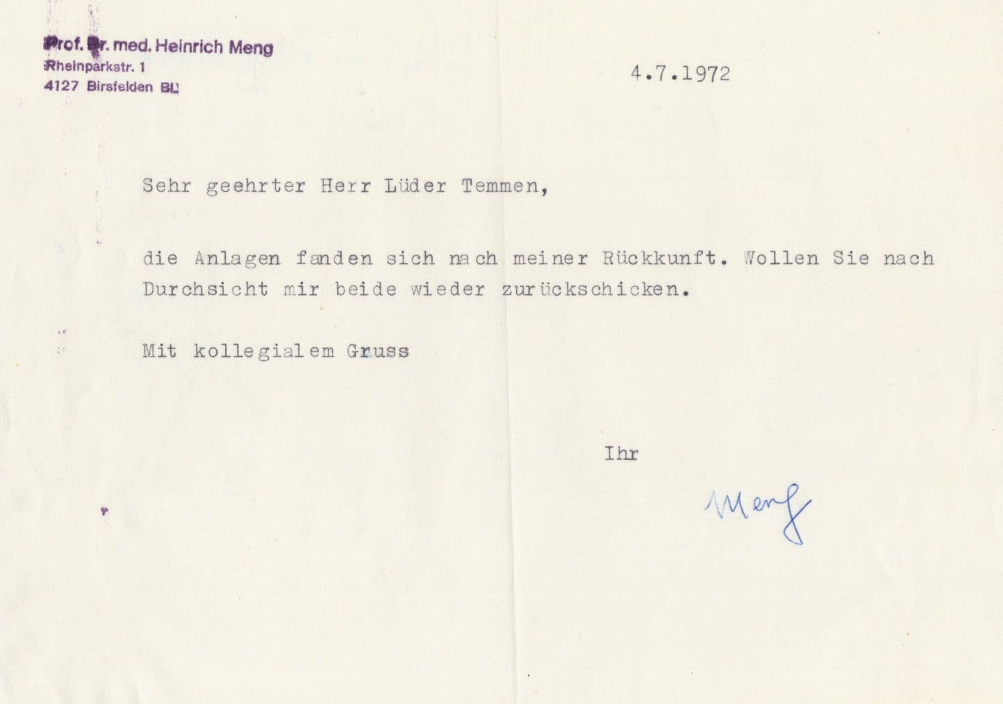Dr Heinrich Meng German Physician Psychoanalyst 2x Hand Signed Letters