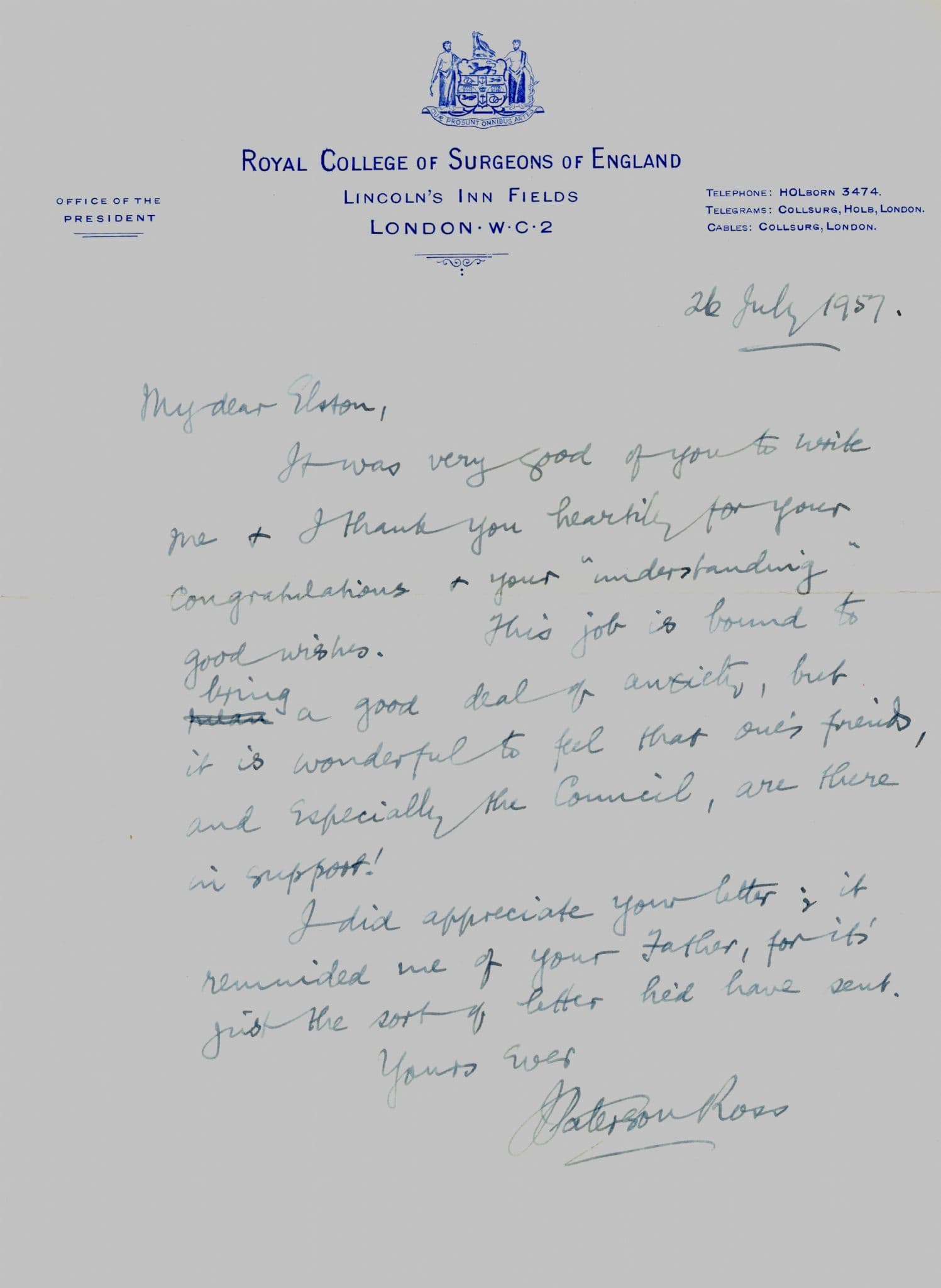 Dr James Paterson Ross Historic Royal Surgeon To Queen Elizabeth II Hand Signed Letter