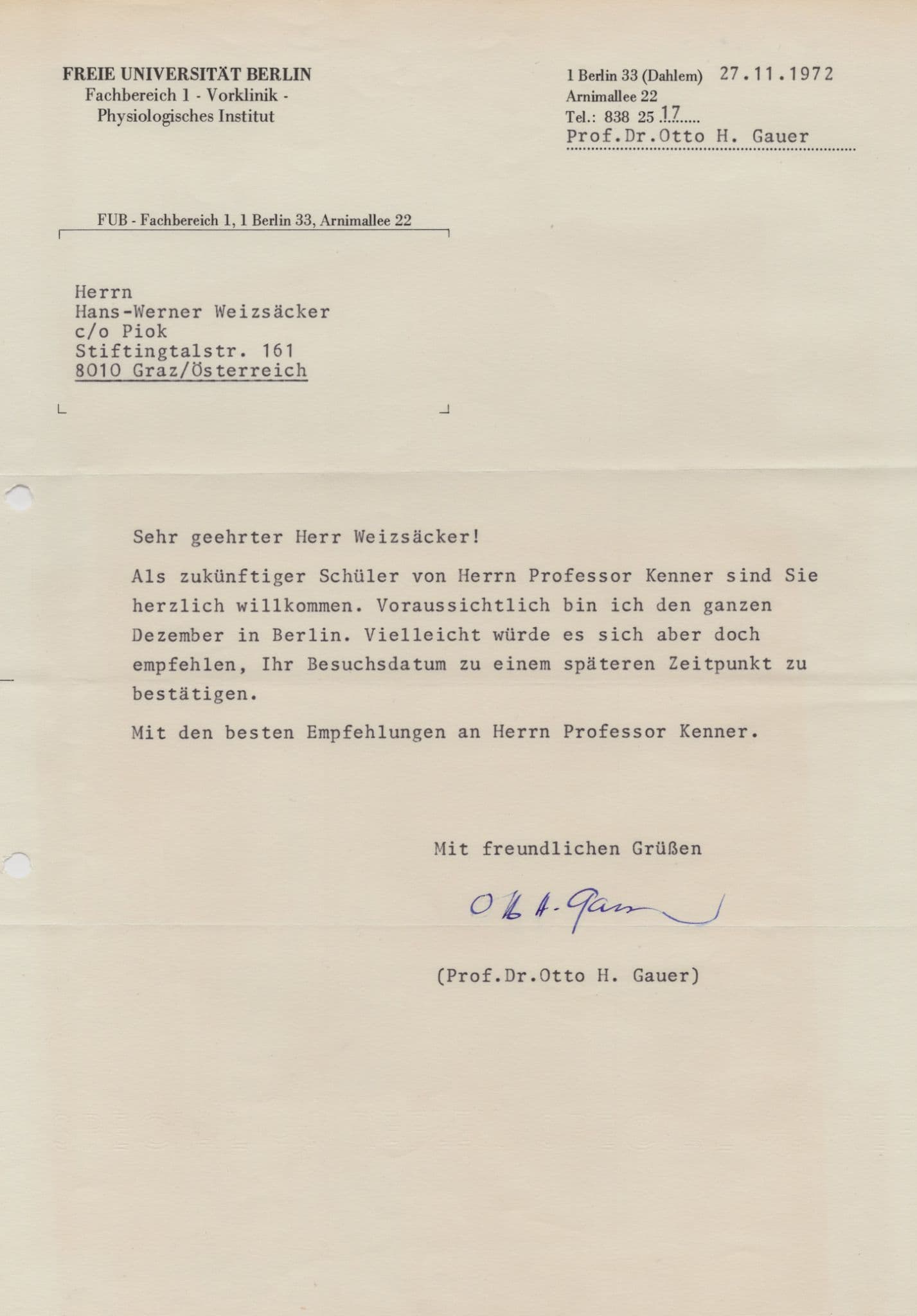 Dr Otto Gauer German Gravitational Physiologist Hand Signed Letter & MORE