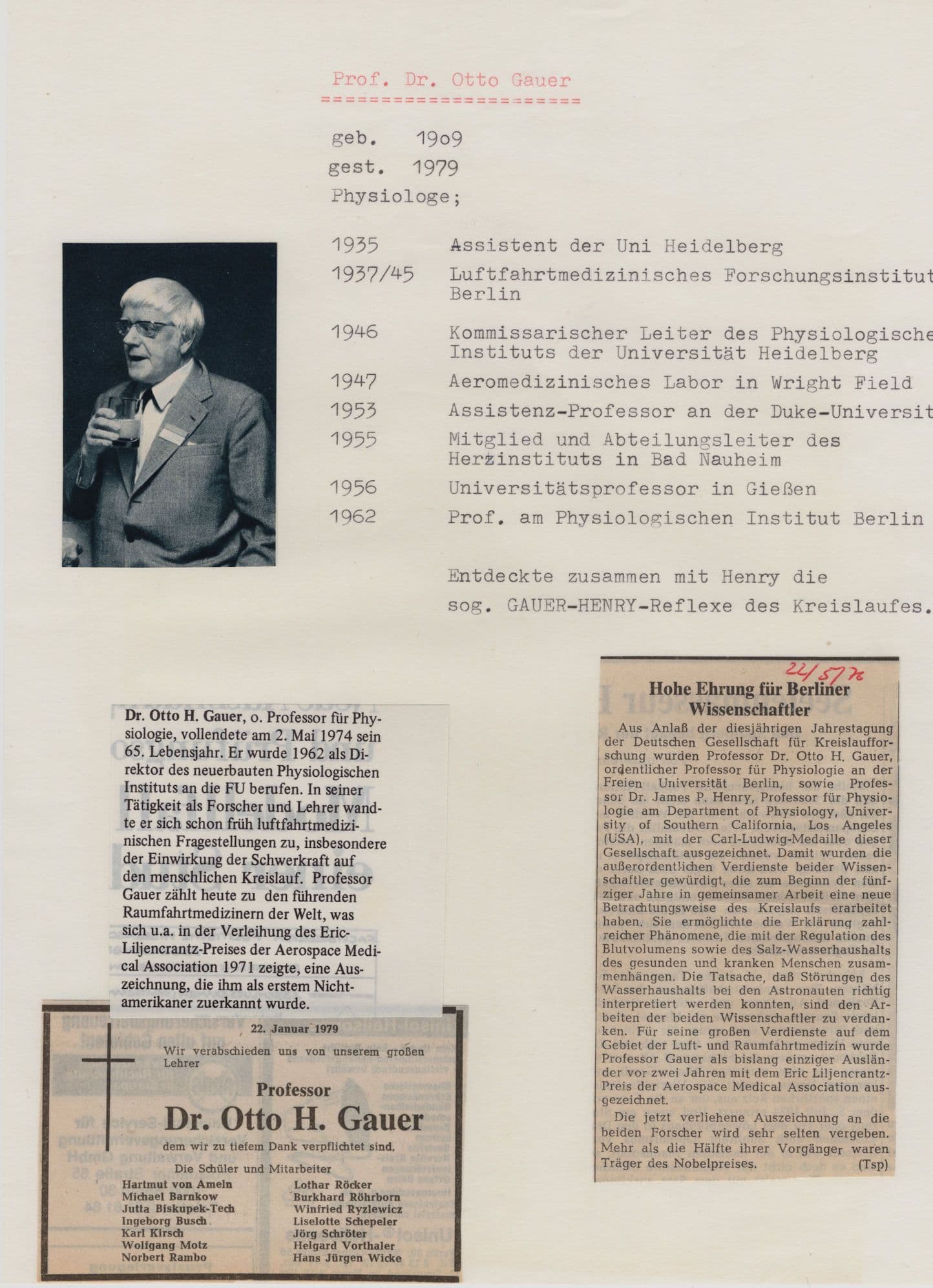 Dr Otto Gauer German Gravitational Physiologist Hand Signed Letter & MORE