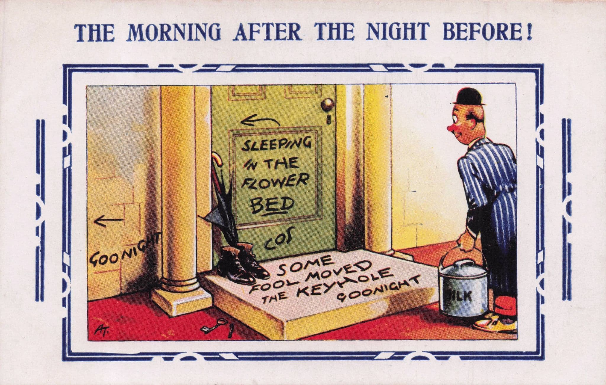 Drunk Henpecked Husband Kicked Out By Wife Old Comic Postcard