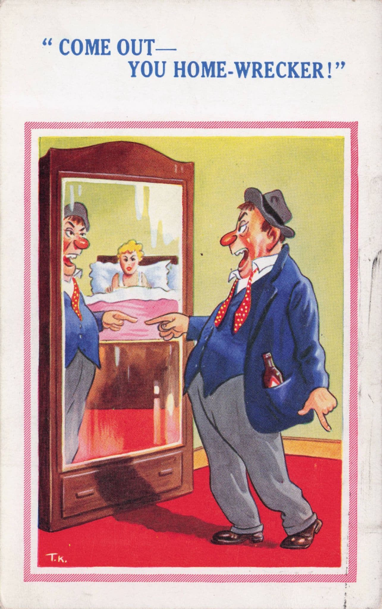 Drunk Man Talking To Reflection Mirror Shocks Wife Old Comic Postcard