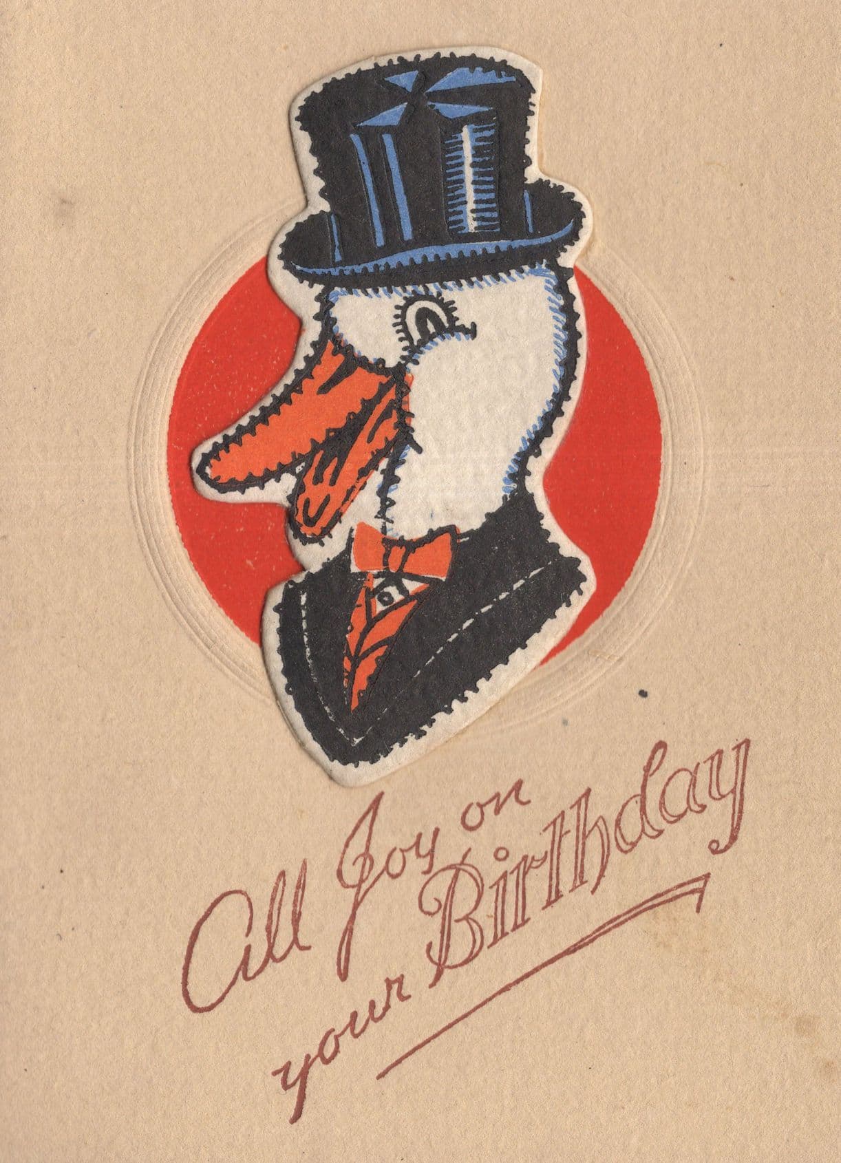Duck Like Donald In Top Hat Old Antique Greetings Card Bow String