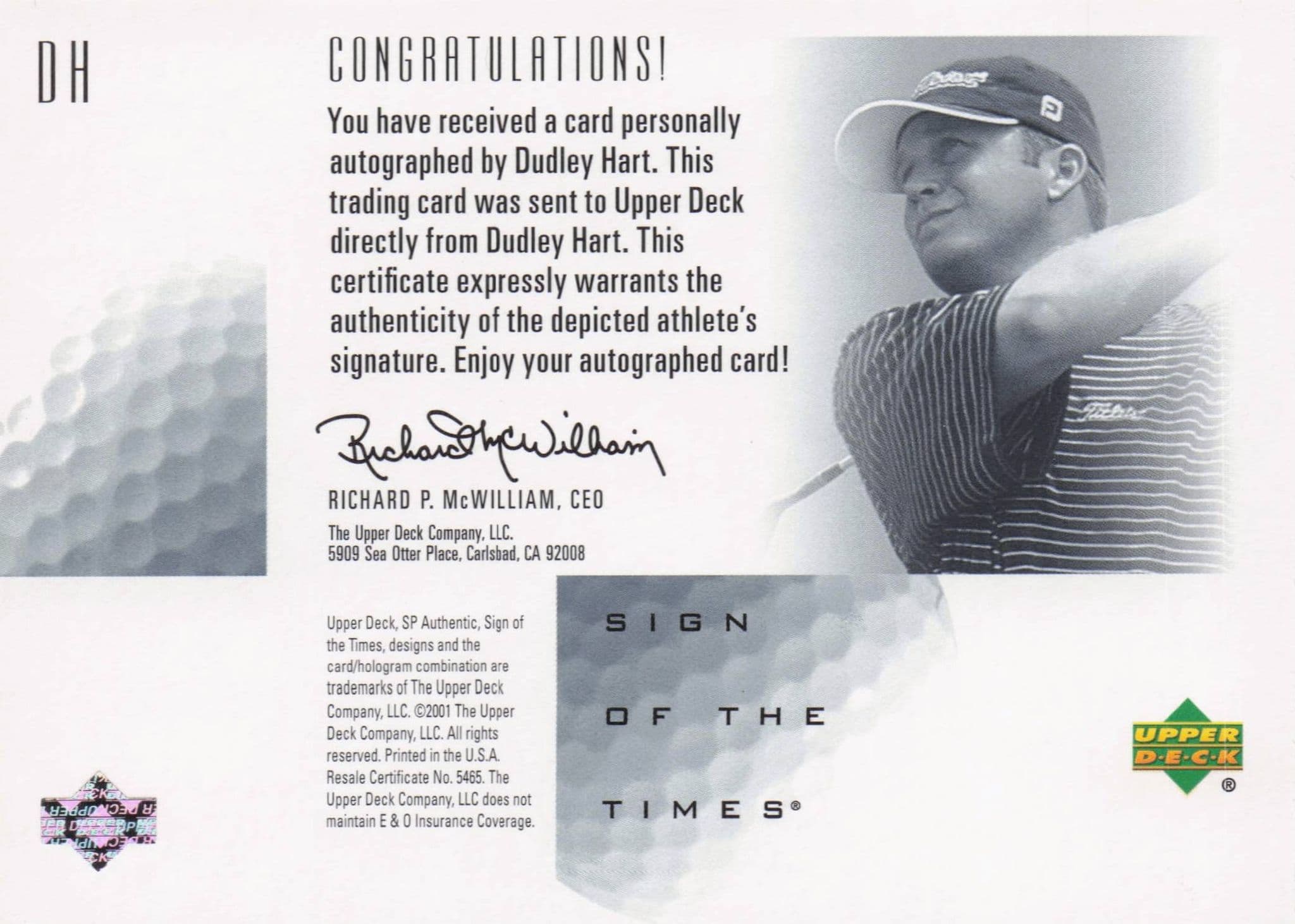 Dudley Hart Sign Of The Times Hand Signed 2001 SP Golf Autograph Card