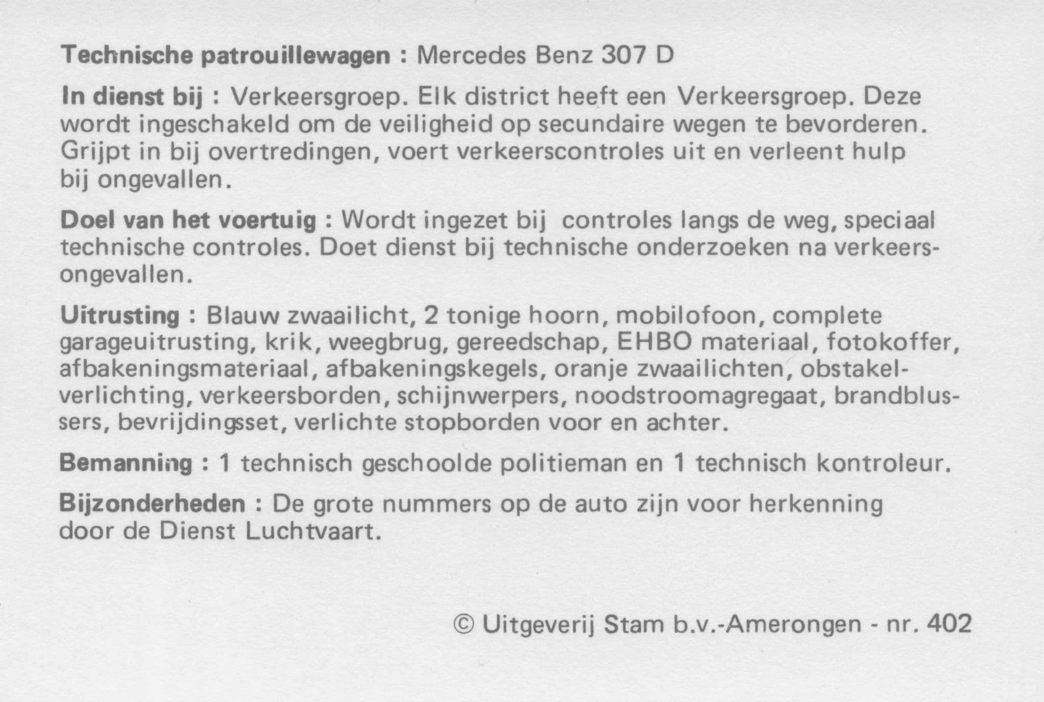 Dutch Holland Police Politie Mercedez Benz 307D Van Transport Trade Card
