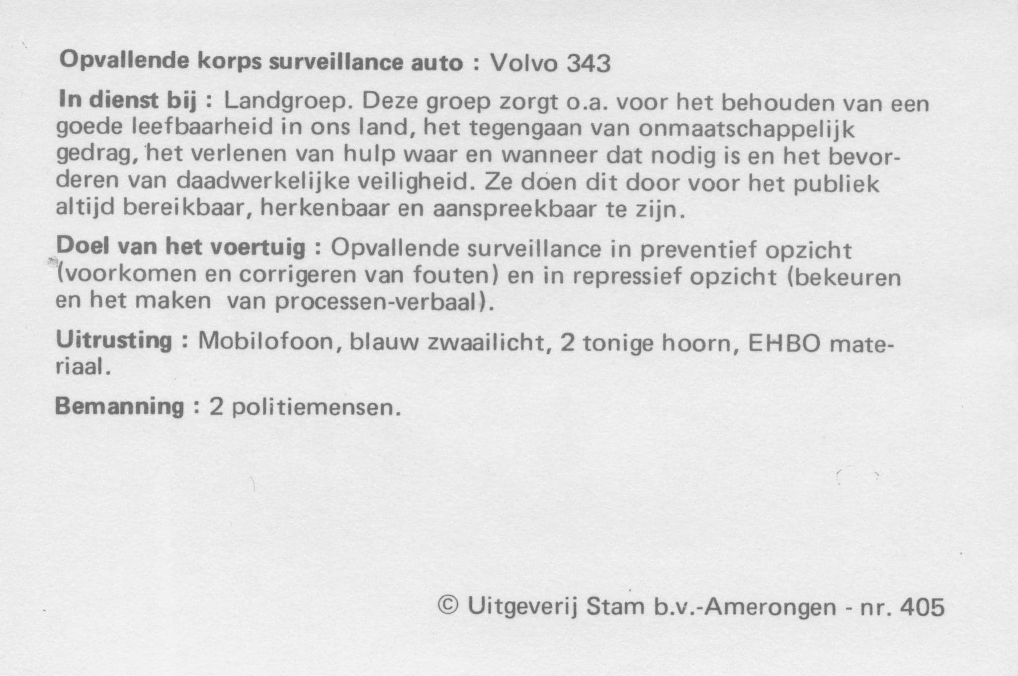 Dutch Holland Police Politie Volvo 343 Car Transport Photo Trade Card