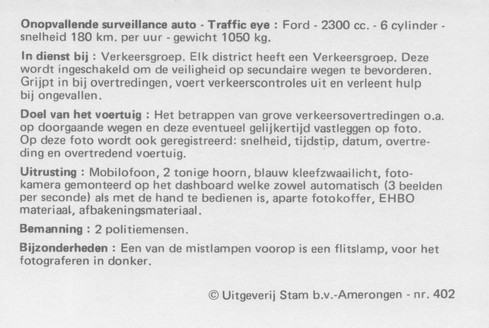 Dutch Holland Politie Police Ford 2300CC Driver & Car Photo Trade Card