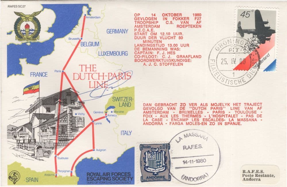 Dutch Paris Line RAF Escaping Society Hand Signed 1980 Military FDC