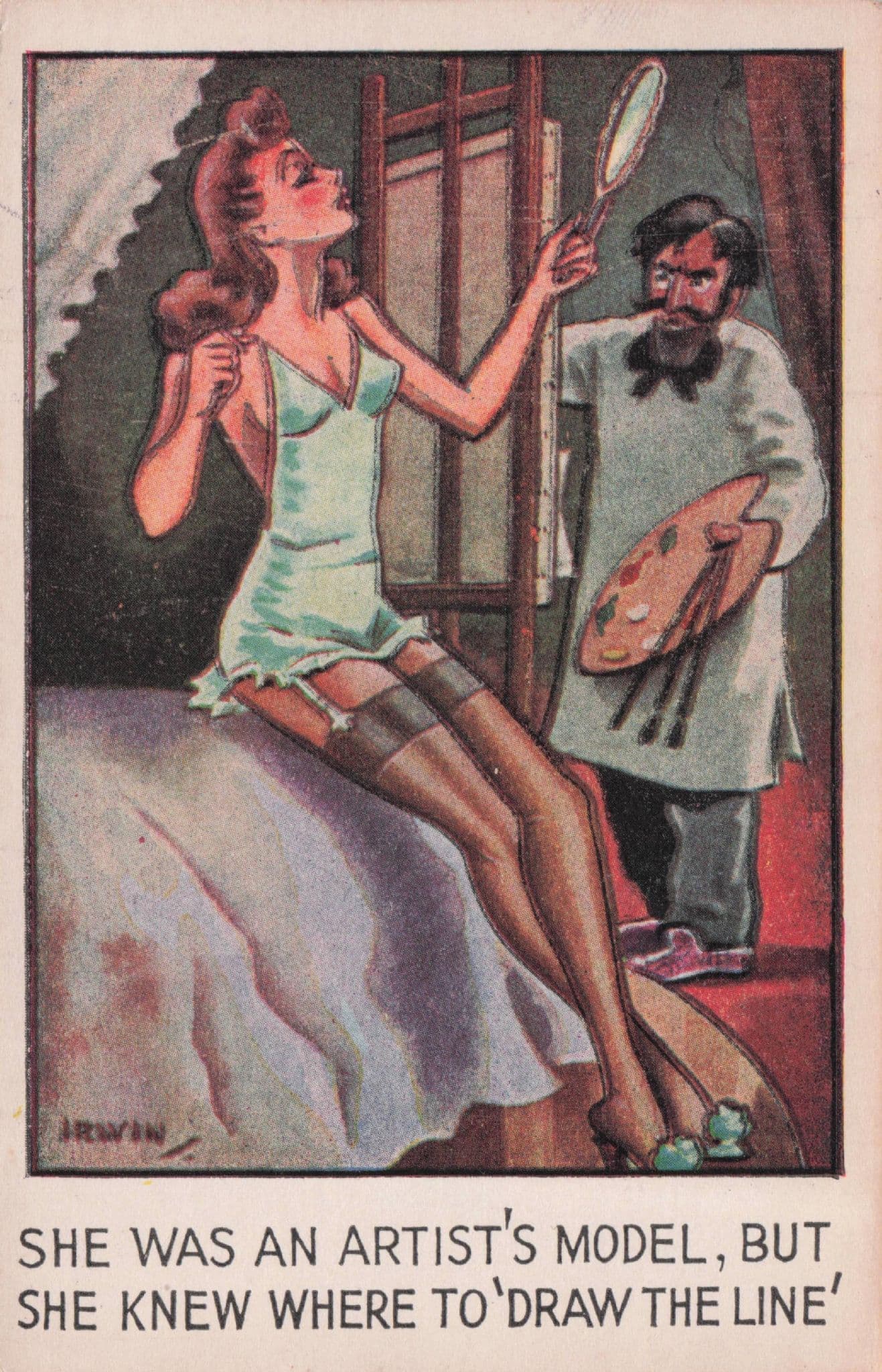 Eccentric Painter Nude Lady Model Painting Antique Comic Postcard