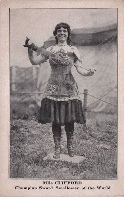 Edith Clifford Record Breaker Old Sword Swallower Victorian Circus Postcard