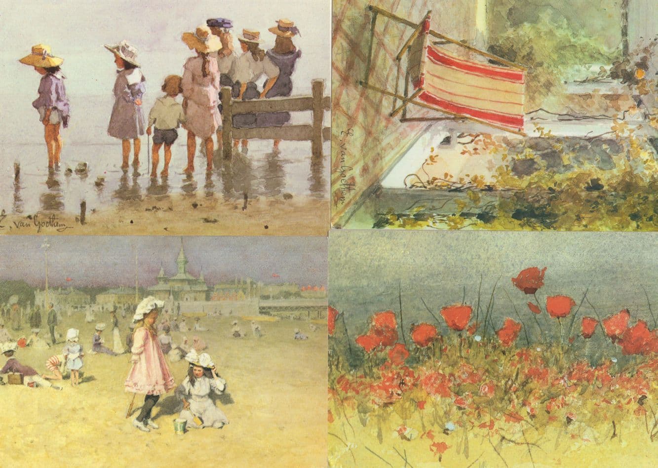 Edouard Van Goethem Breakwater Poppies 2x Painting Postcard s