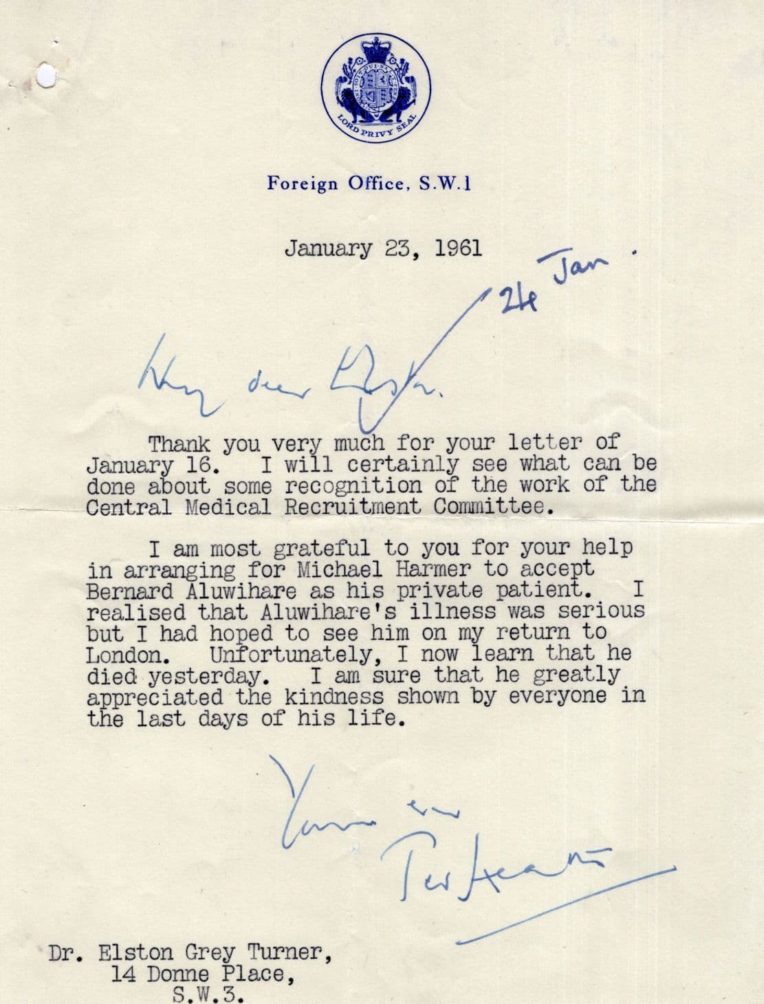 Edward Heath Prime Minster Sri Lanka MP Death Old Hand Signed Letter to WW2 Doctor