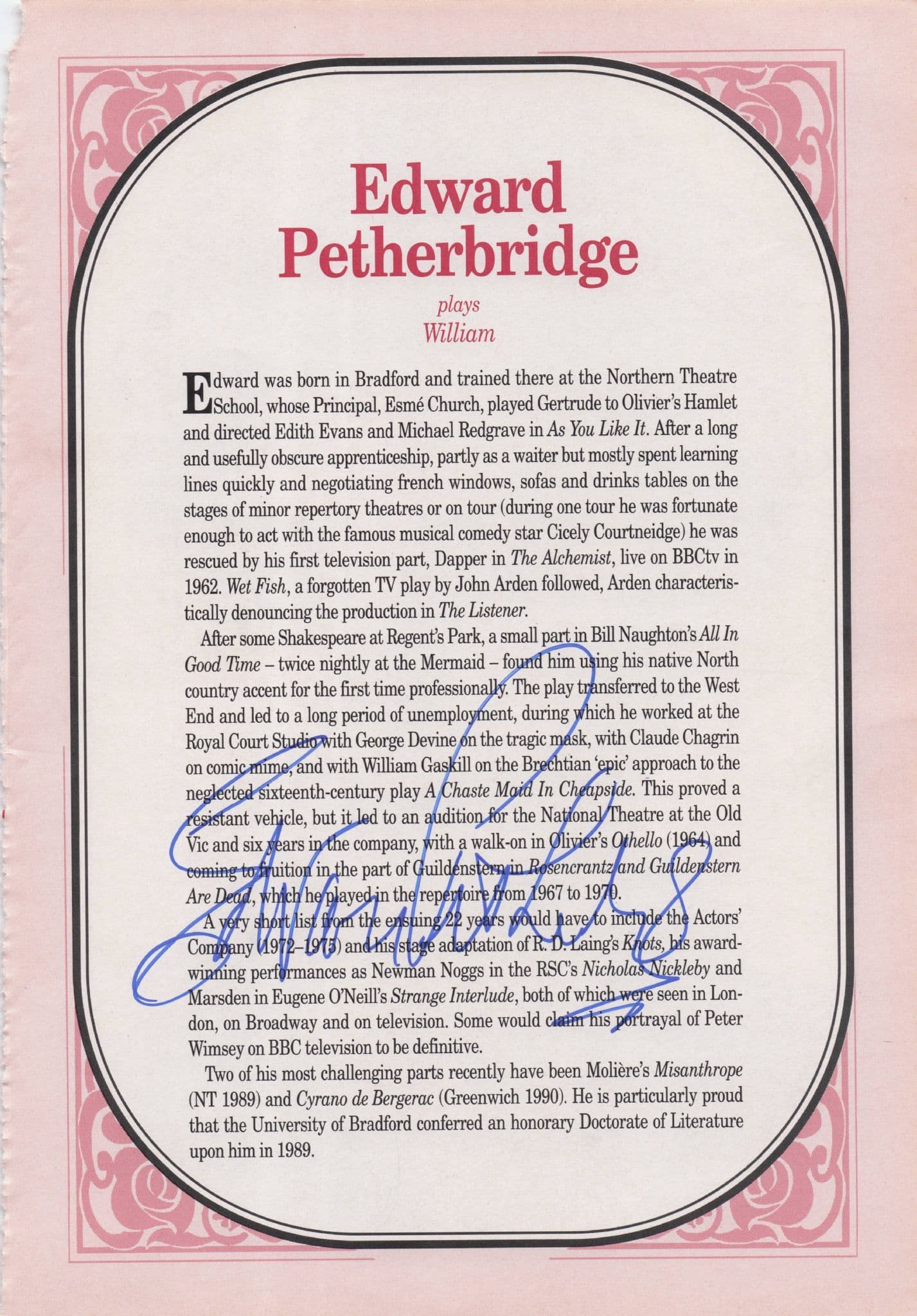 Edward Petherbridge Gullivers Travels Hand Signed Theatre Page