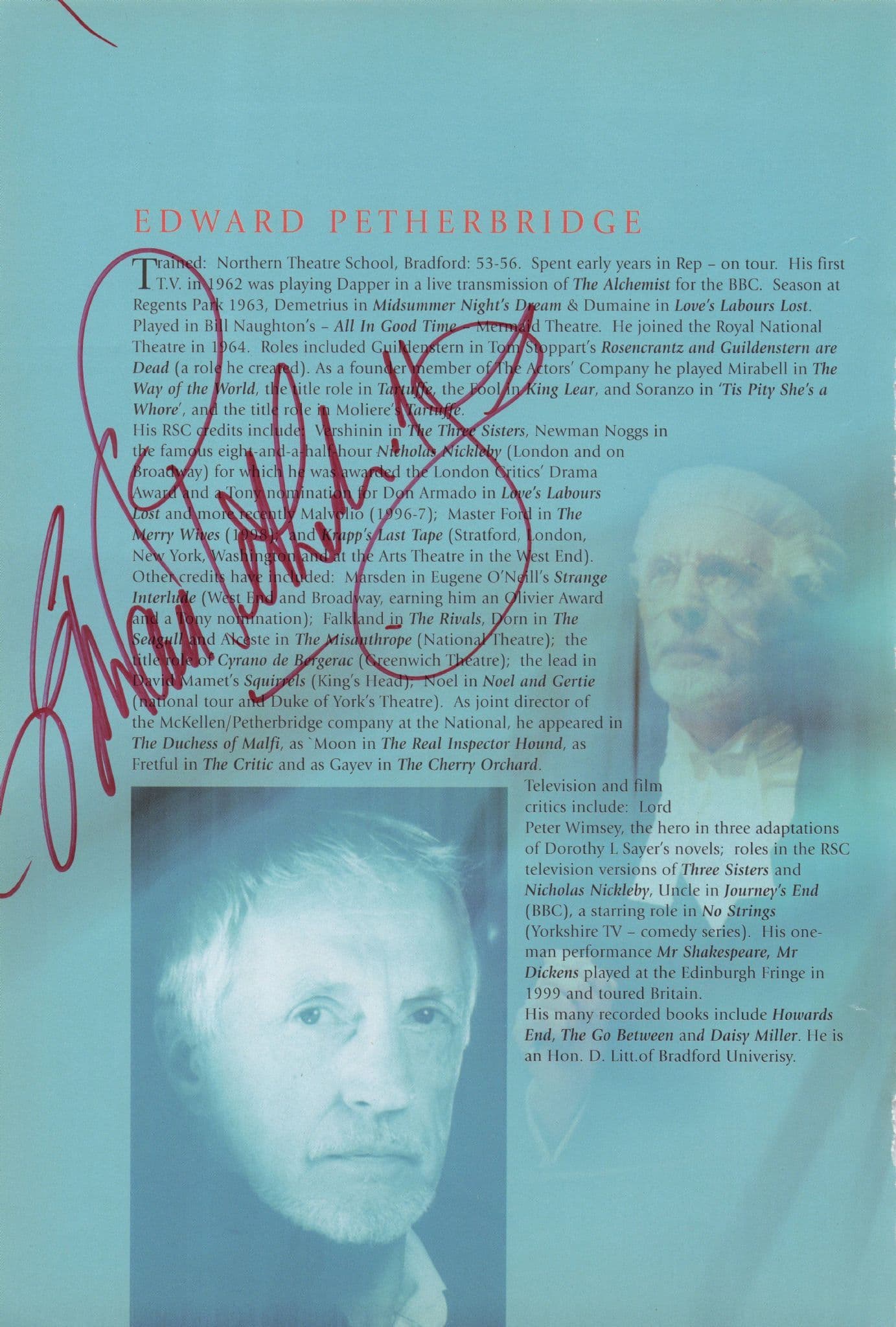 Edward Petherbridge of Gullivers Travels Hand Signed Theatre Page