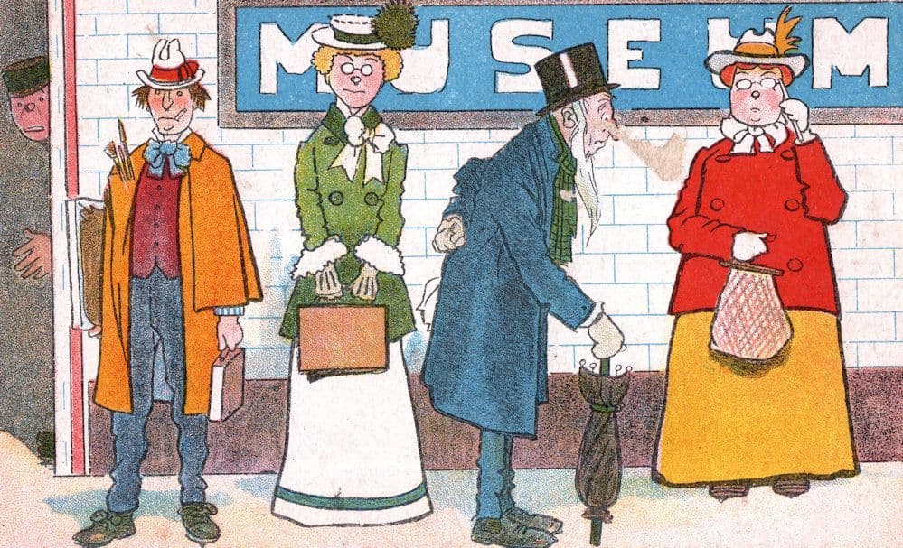 Edwardian Fashion Art Museum Queue Dainty Book Antique Comic Postcard