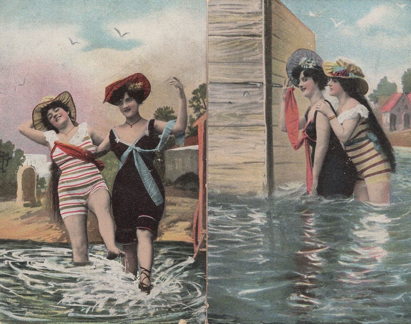 Edwardian Ladies Rude Signs Swimming 2x Old Comic 1905 Postcard s
