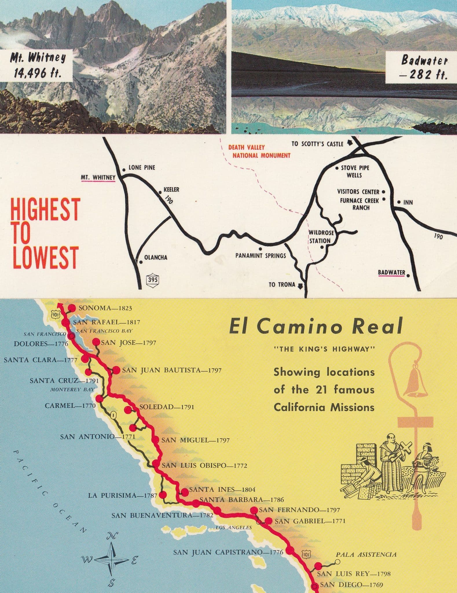 El Camino Real The Kings Highway Calafornia Map 2x Postcard