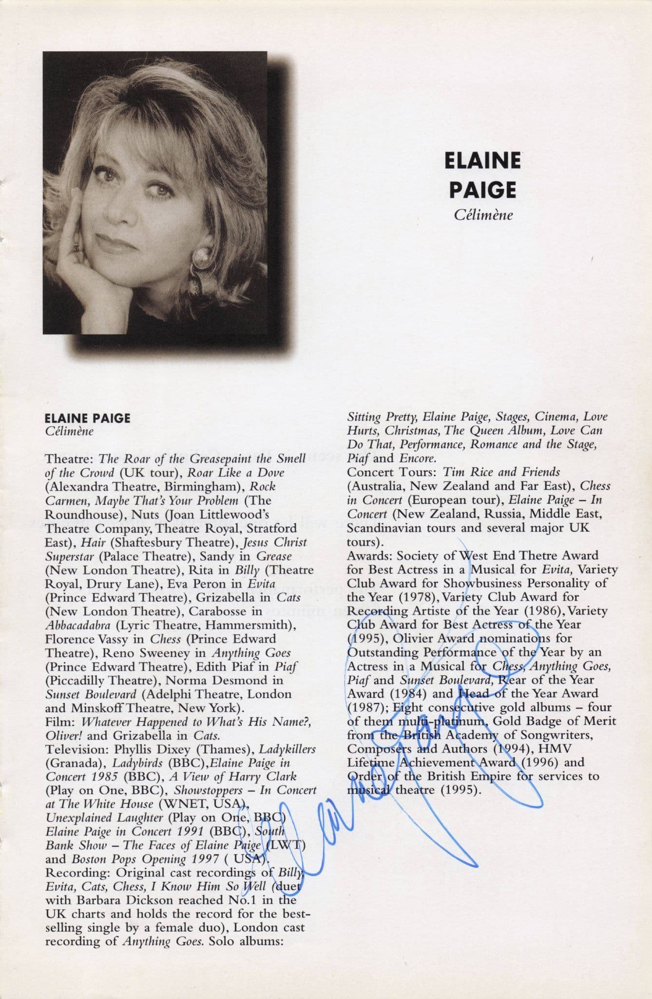Elaine Paige Vintage Hand Signed Photo Theatre Page