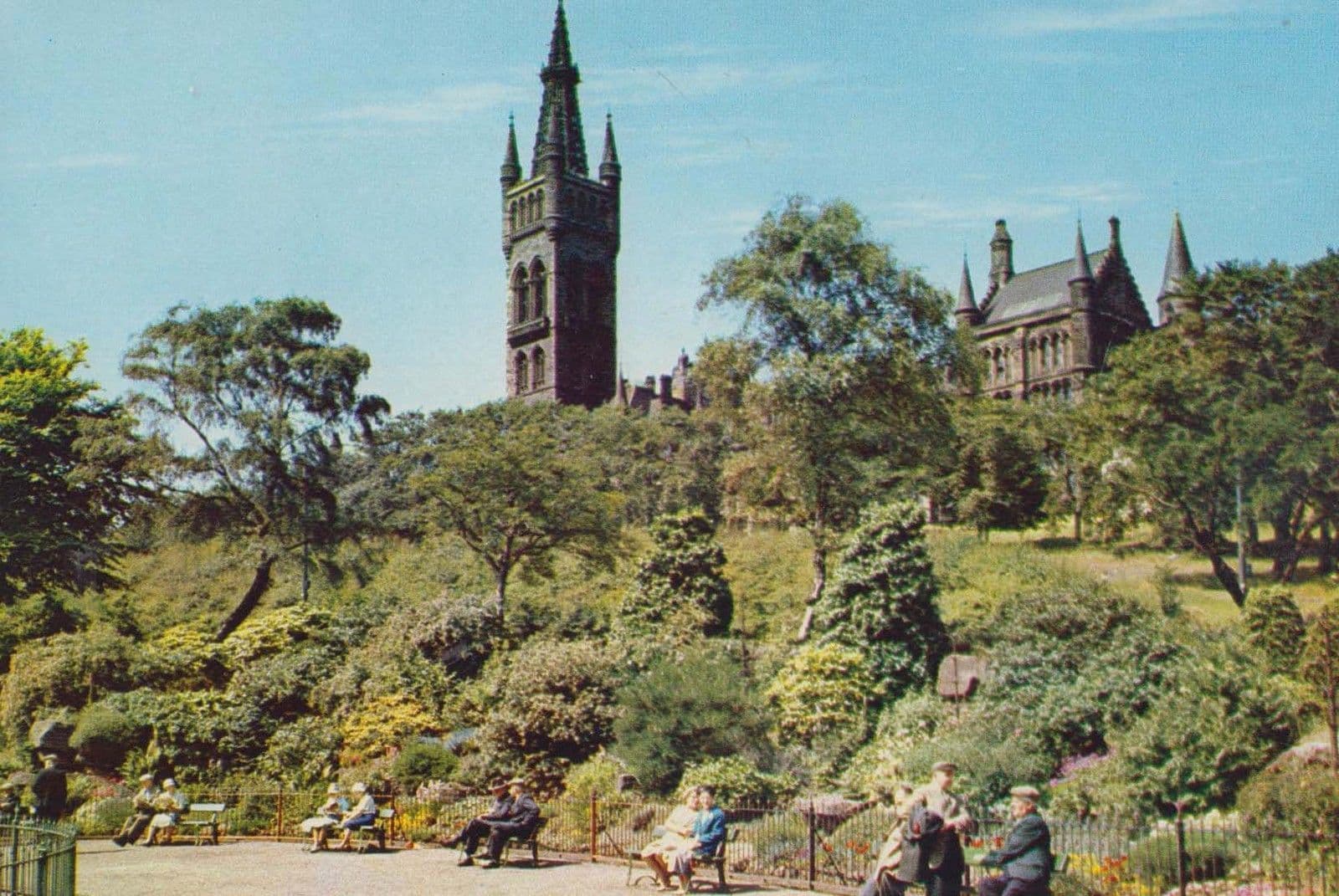 Elderly People Park Bench at Glasgow University From Kelvingrove Park Postcard