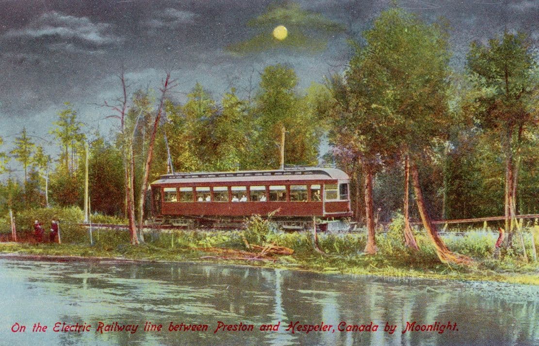 Electric Railway Preston & Hespeler Canada Train Moonlight Postcard
