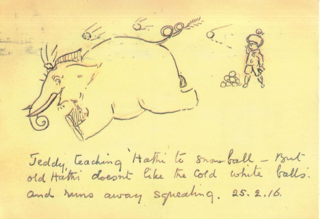 Elephant Learns To Snowball Winter Rare Comic Painting Postcard