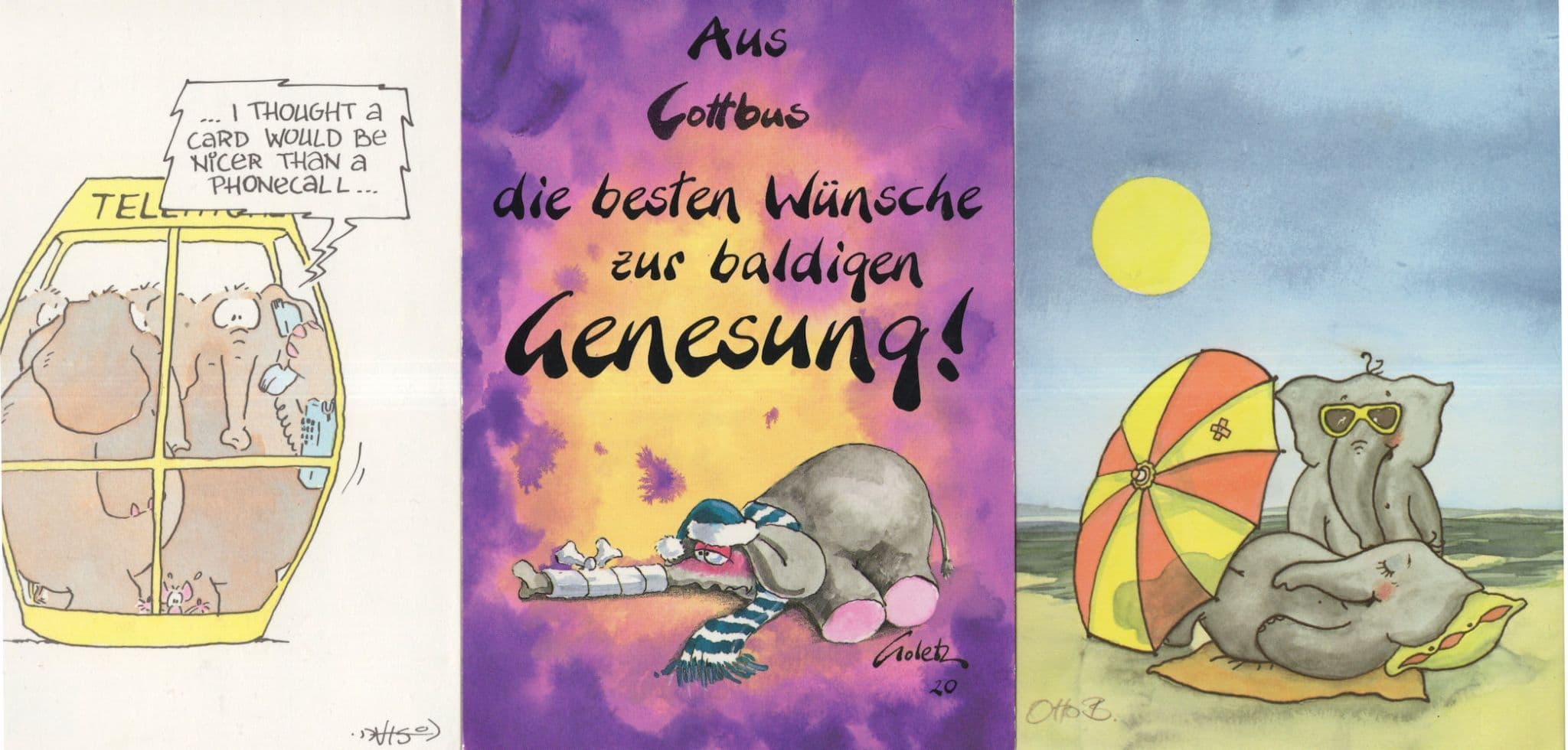 Elephant Telephone Box Squashed Trunk German 3x Comic Postcard s