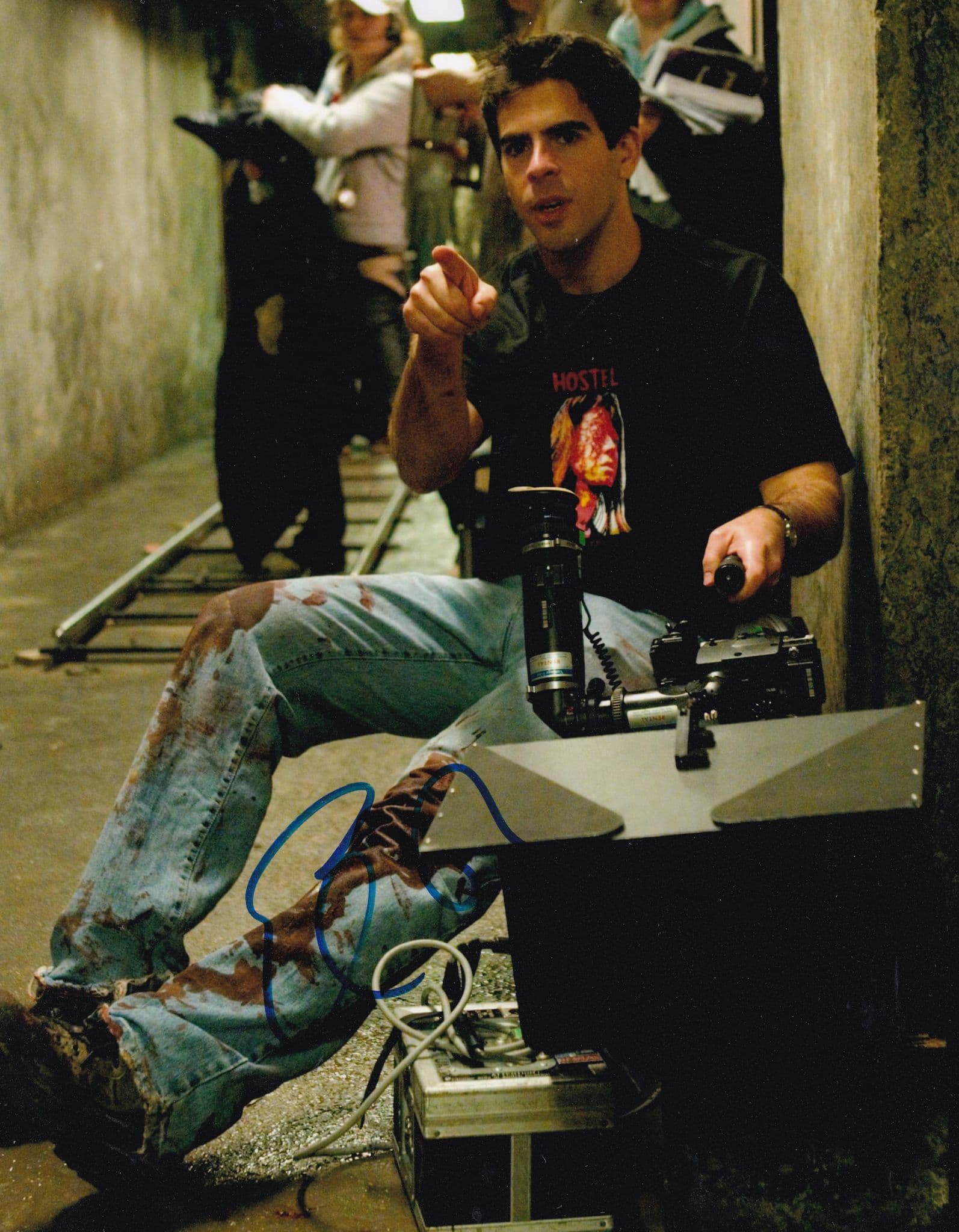 Eli Roth Filming Hostel Film in Mutated Eye T-Shirt Giant 10x8 Hand Signed Photo