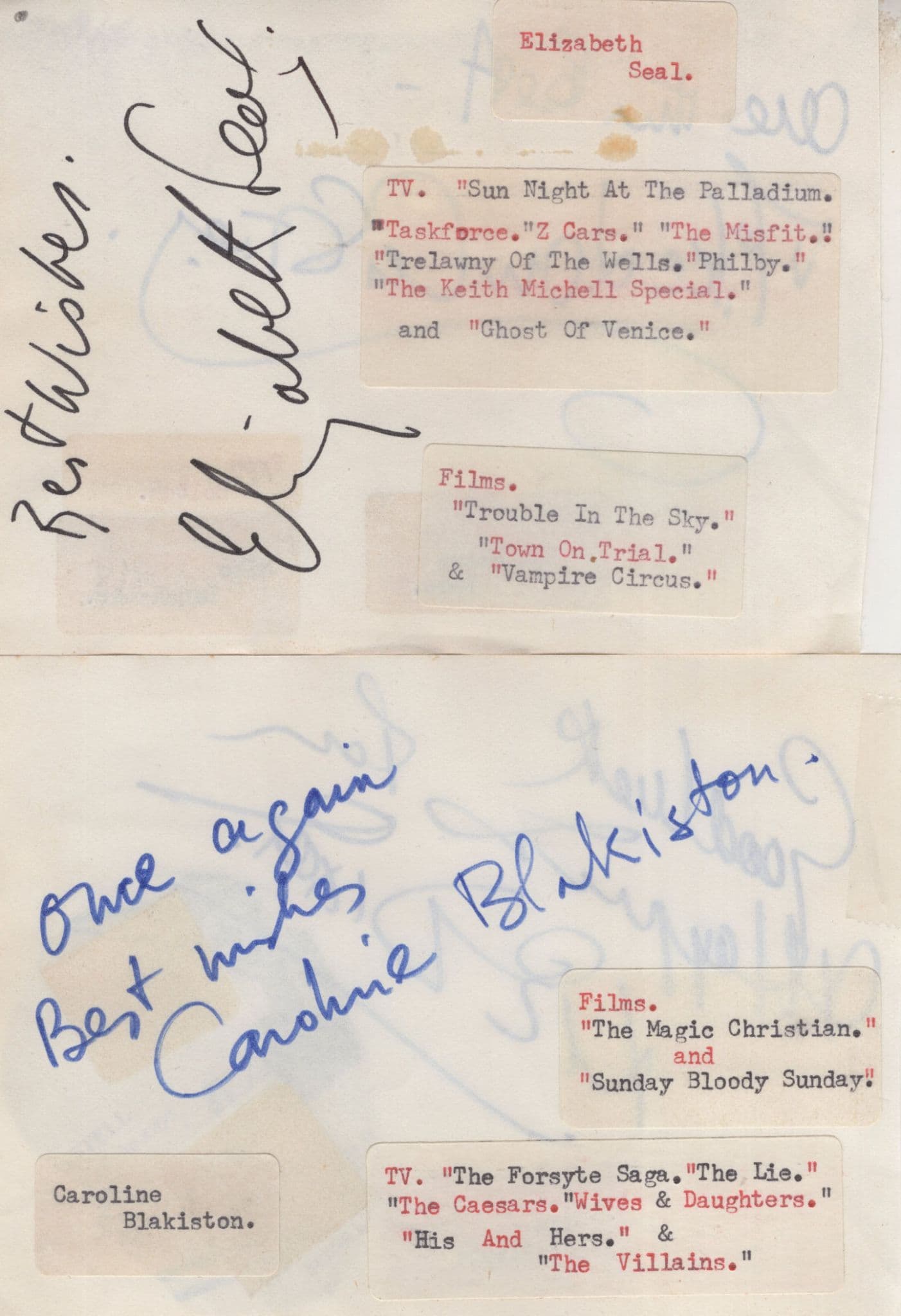 Elizabeth Seal Campire Circus Caroline Blackiston 2x Hand Signed Autograph s
