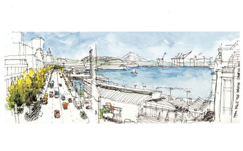 Elliot Bay Seattle Stunning Aerial Sketch Painting Postcard