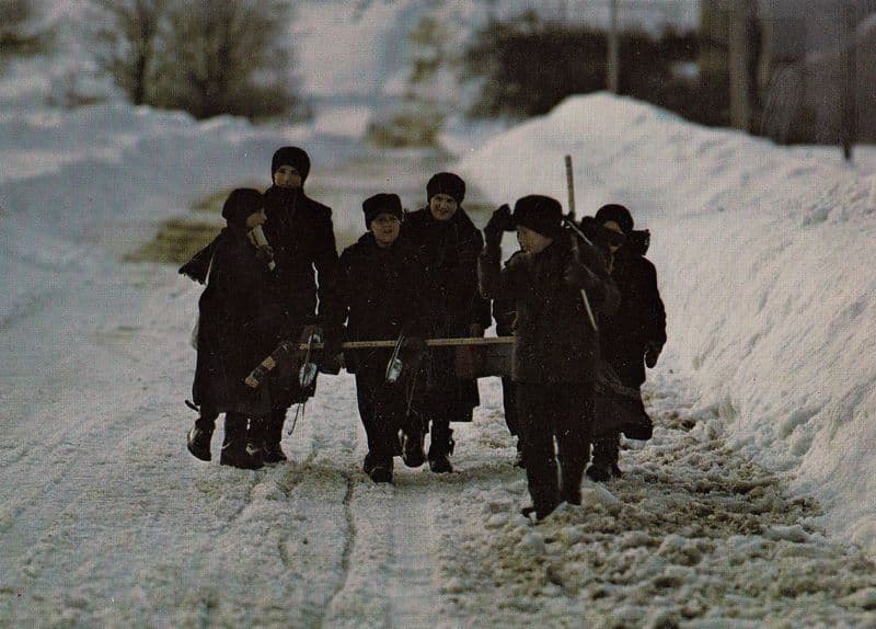 Elmira Schoolchildren Ontario Canada in Winter Returning from School Postcard