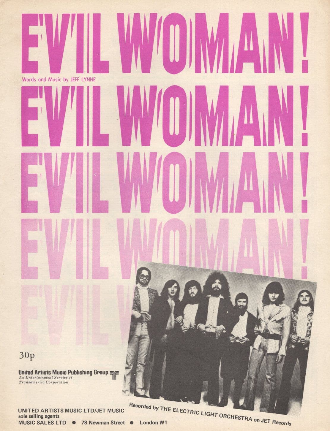 ELO Electric Light Orchestra Evil Woman 1970s UK Sheet Music