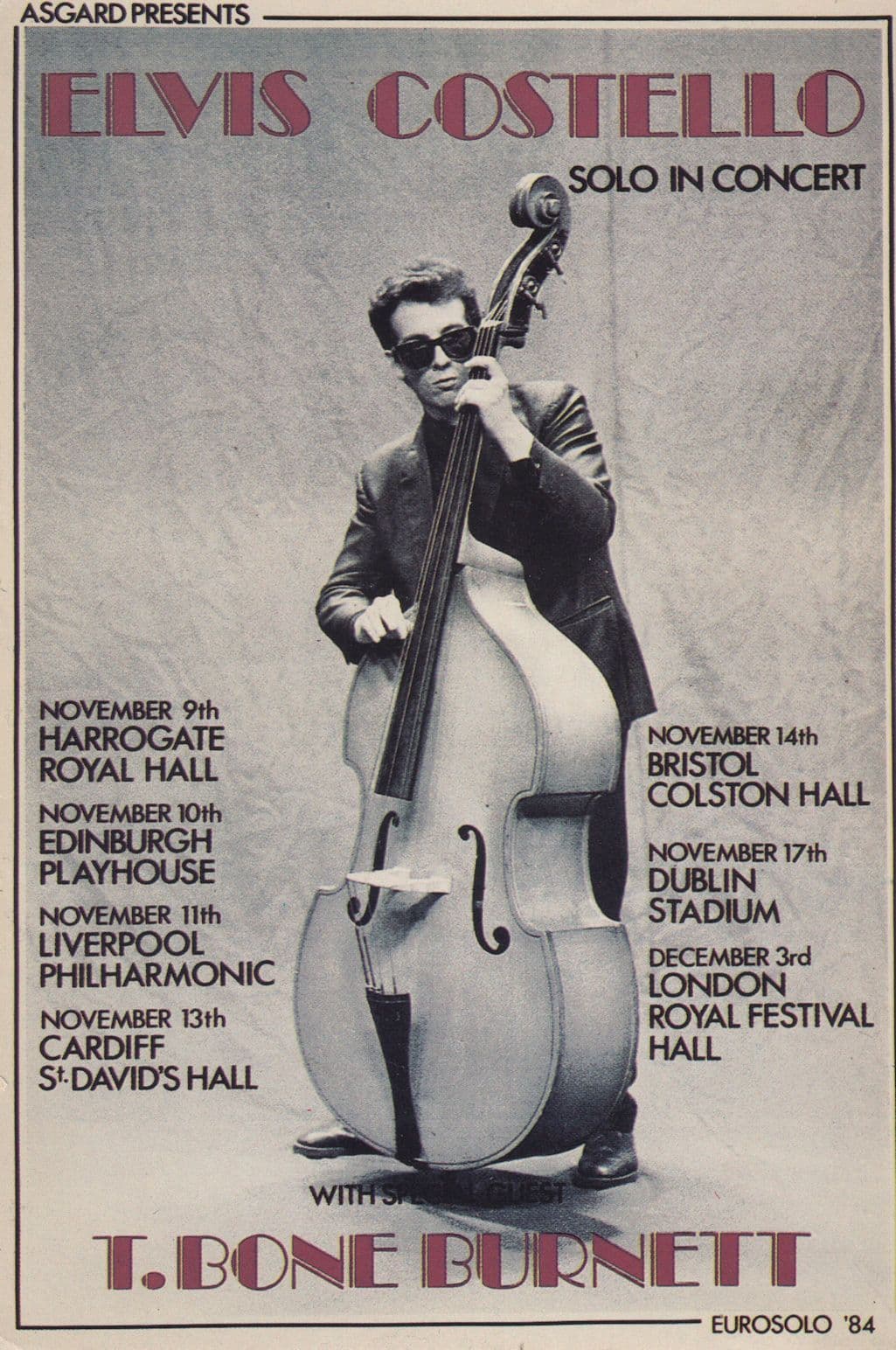 Elvis Costello Live In Concert in 1984 Giant Bass Advertising Postcard