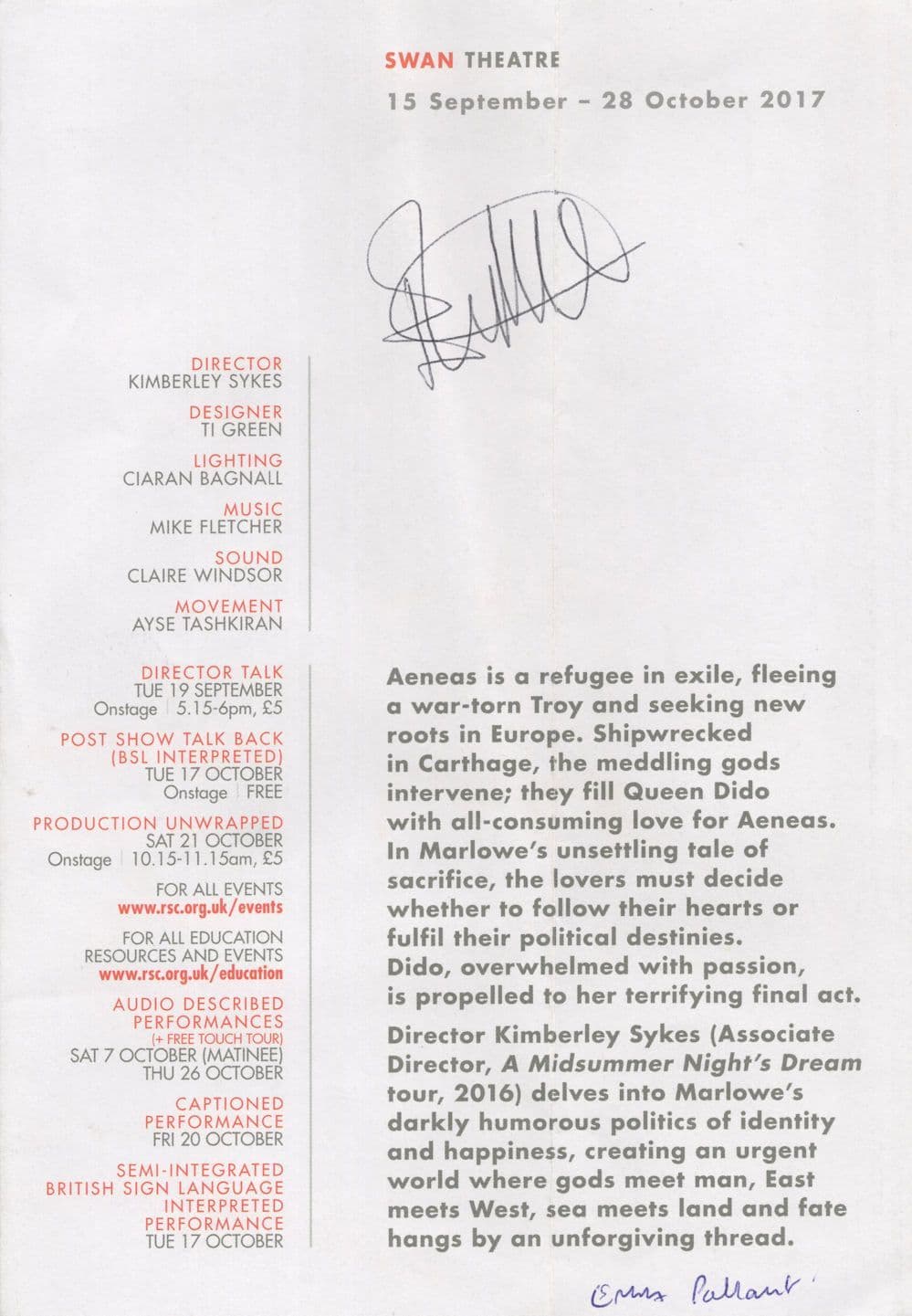Emma Pallant Shakespeare Actress A Christmas Carol Hand Signed Flyer