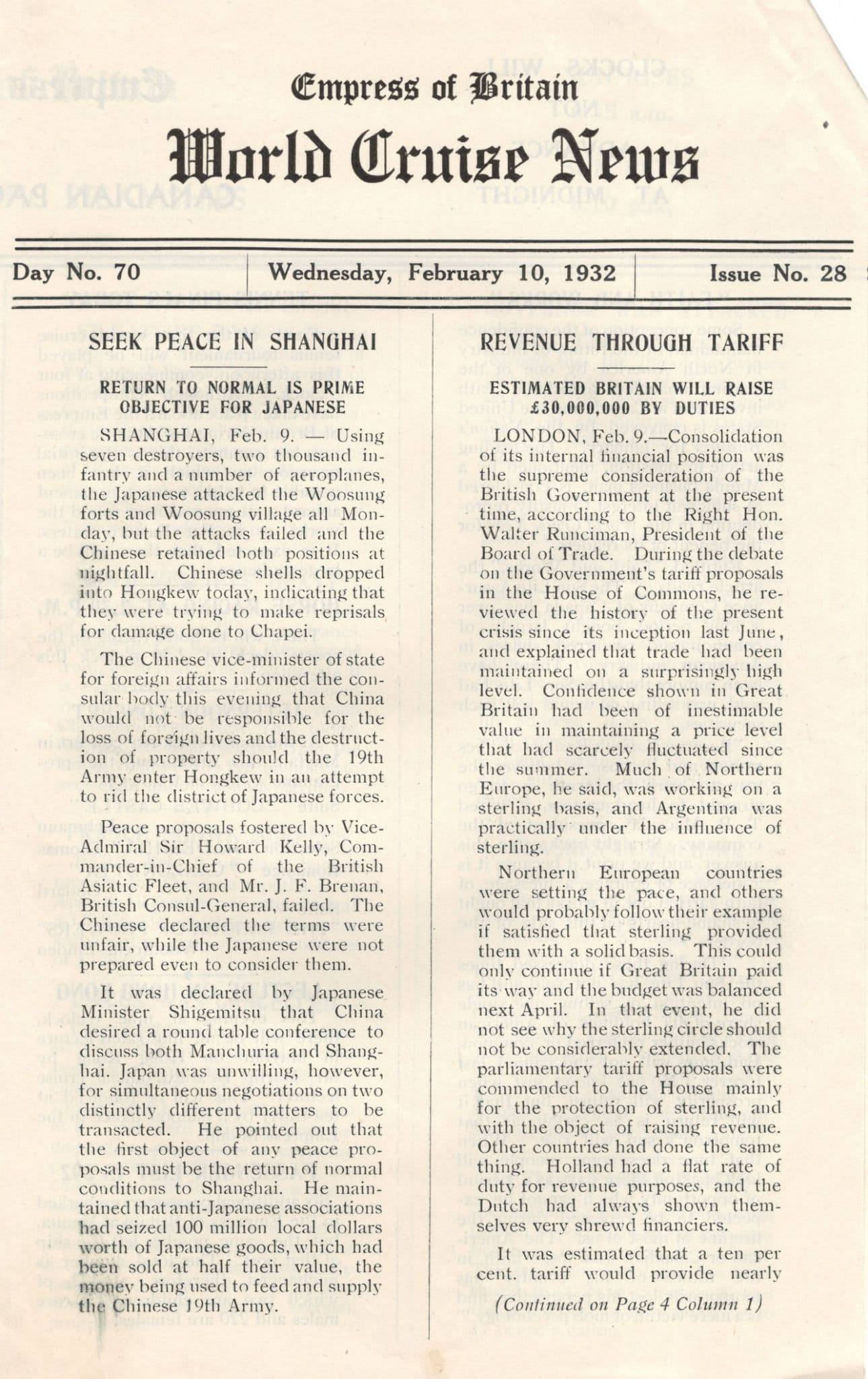 Empress Of Britain Ship 10th February 1932 Old News Guide Shanghai War