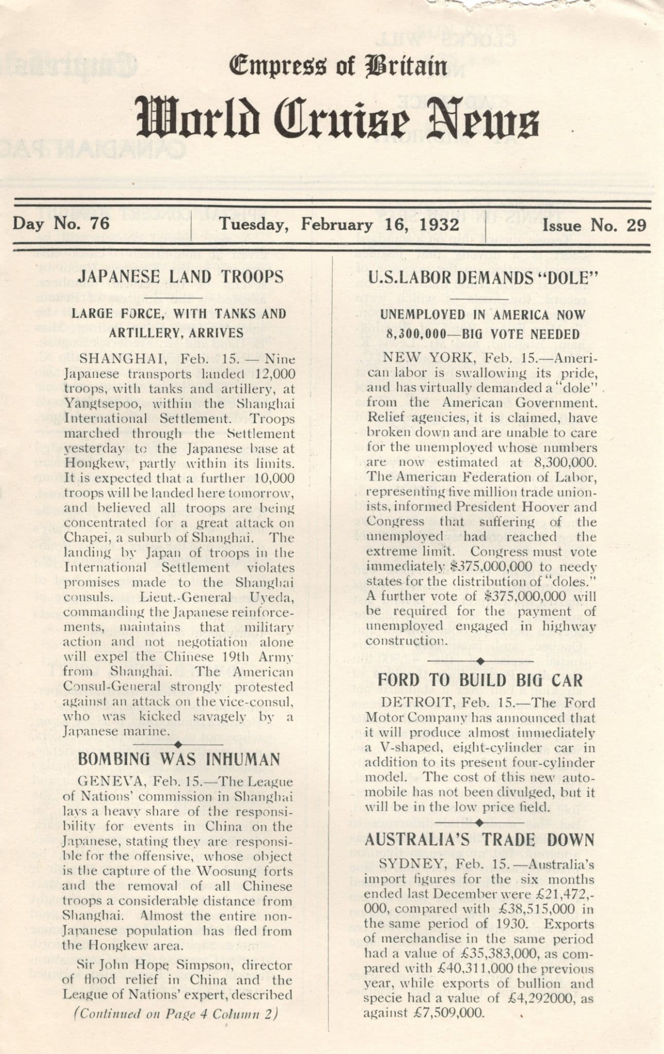 Empress Of Britain Ship 16th February 1932 Old News Guide Detroit Ford Cars