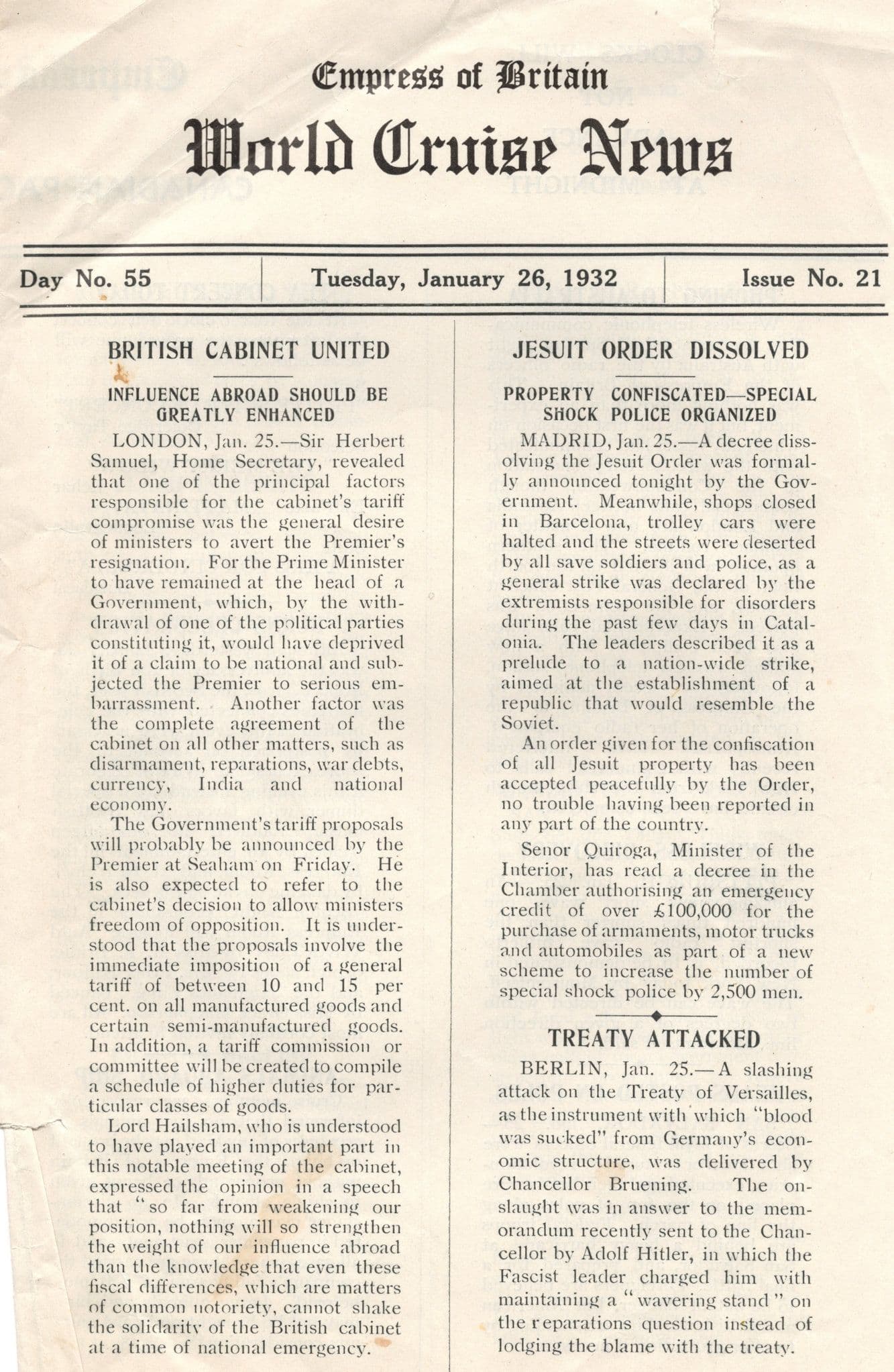 Empress Of Britain Ship 26th January 1932 Old News Guide Jewish Order
