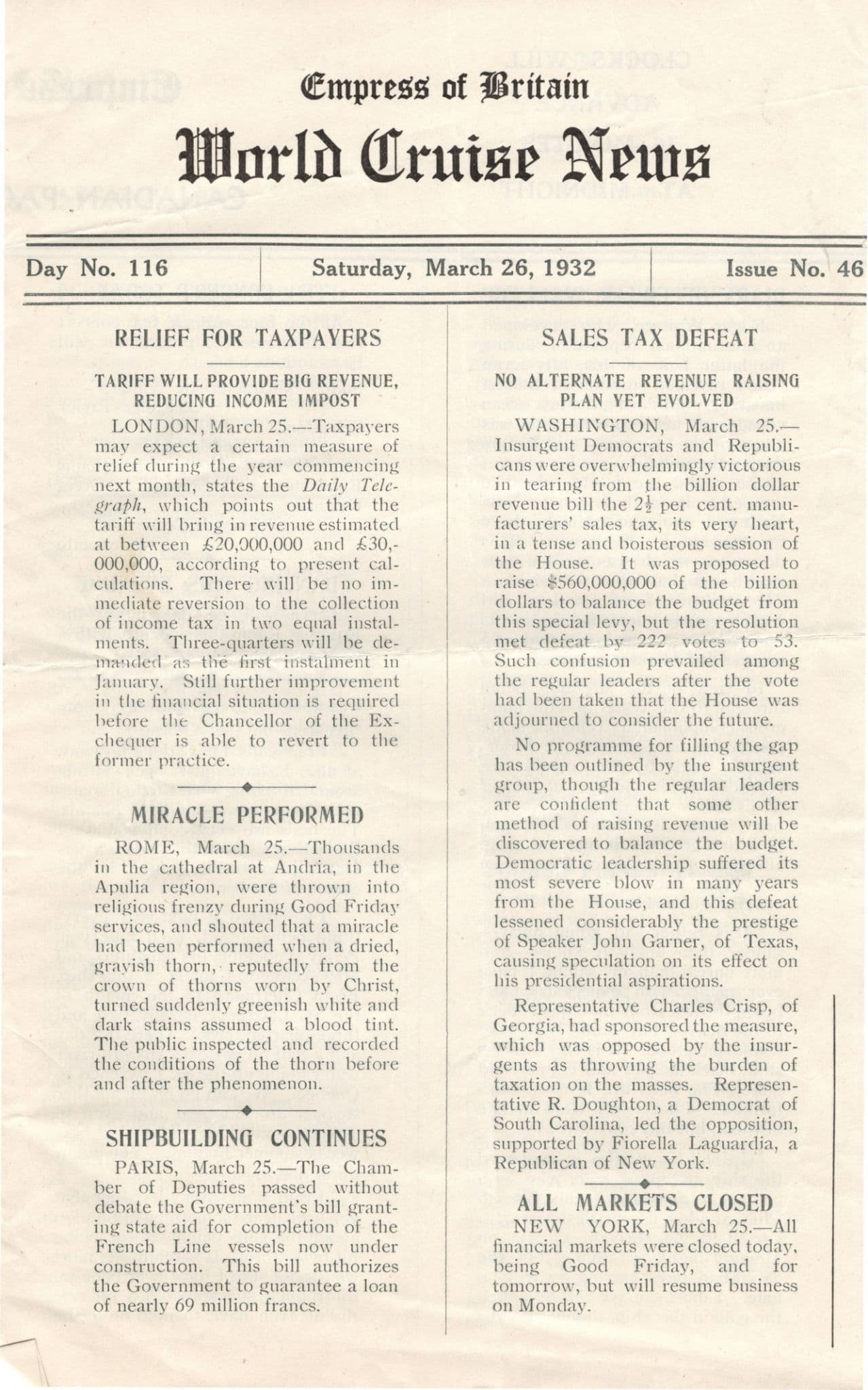 Empress Of Britain Ship 26th March 1932 Old News Guide London Tax