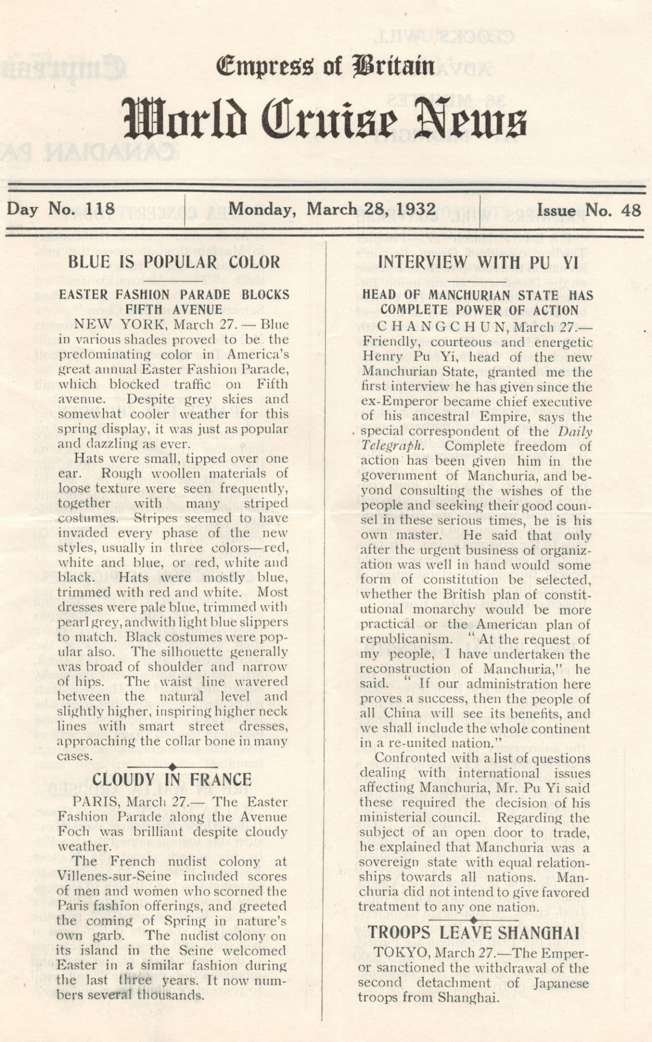 Empress Of Britain Ship 28th March 1932 Old News Guide Henry Pu Yi