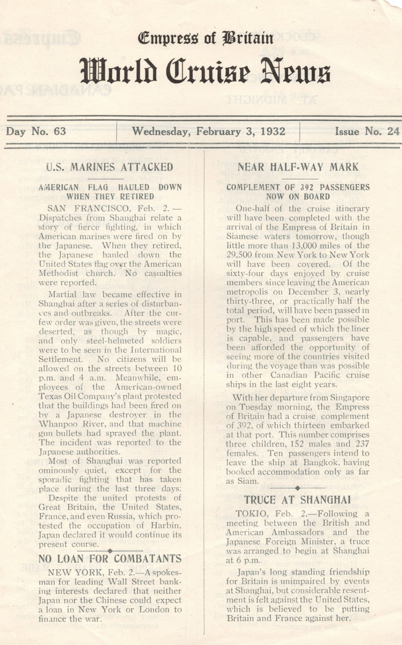 Empress Of Britain Ship 3rd February 1932 Old News Guide US Marines Attacked