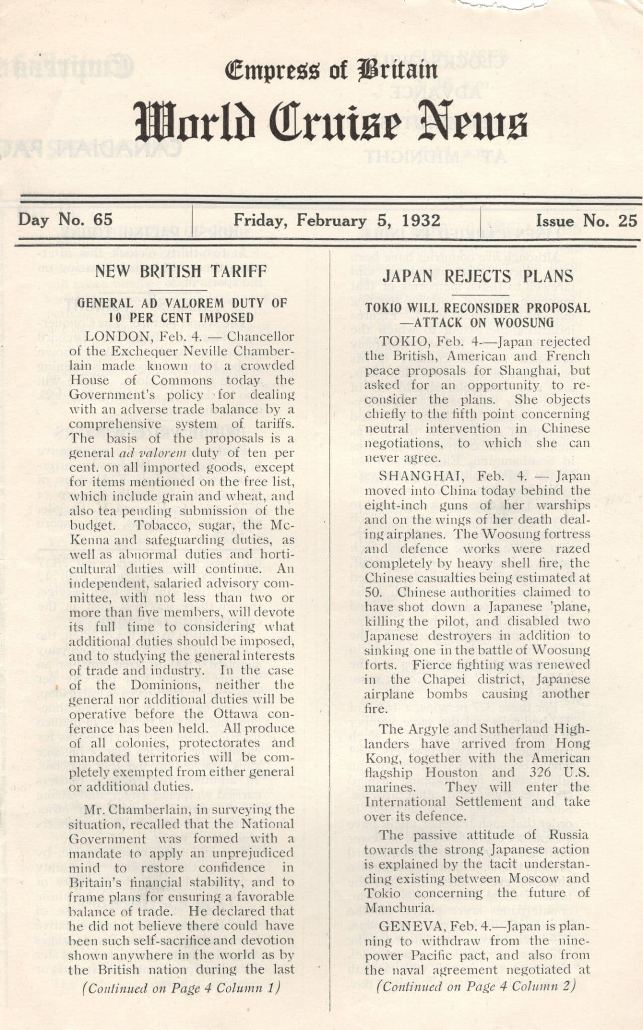 Empress Of Britain Ship 5th February 1932 Old News Guide Tokyo Japan Woosung