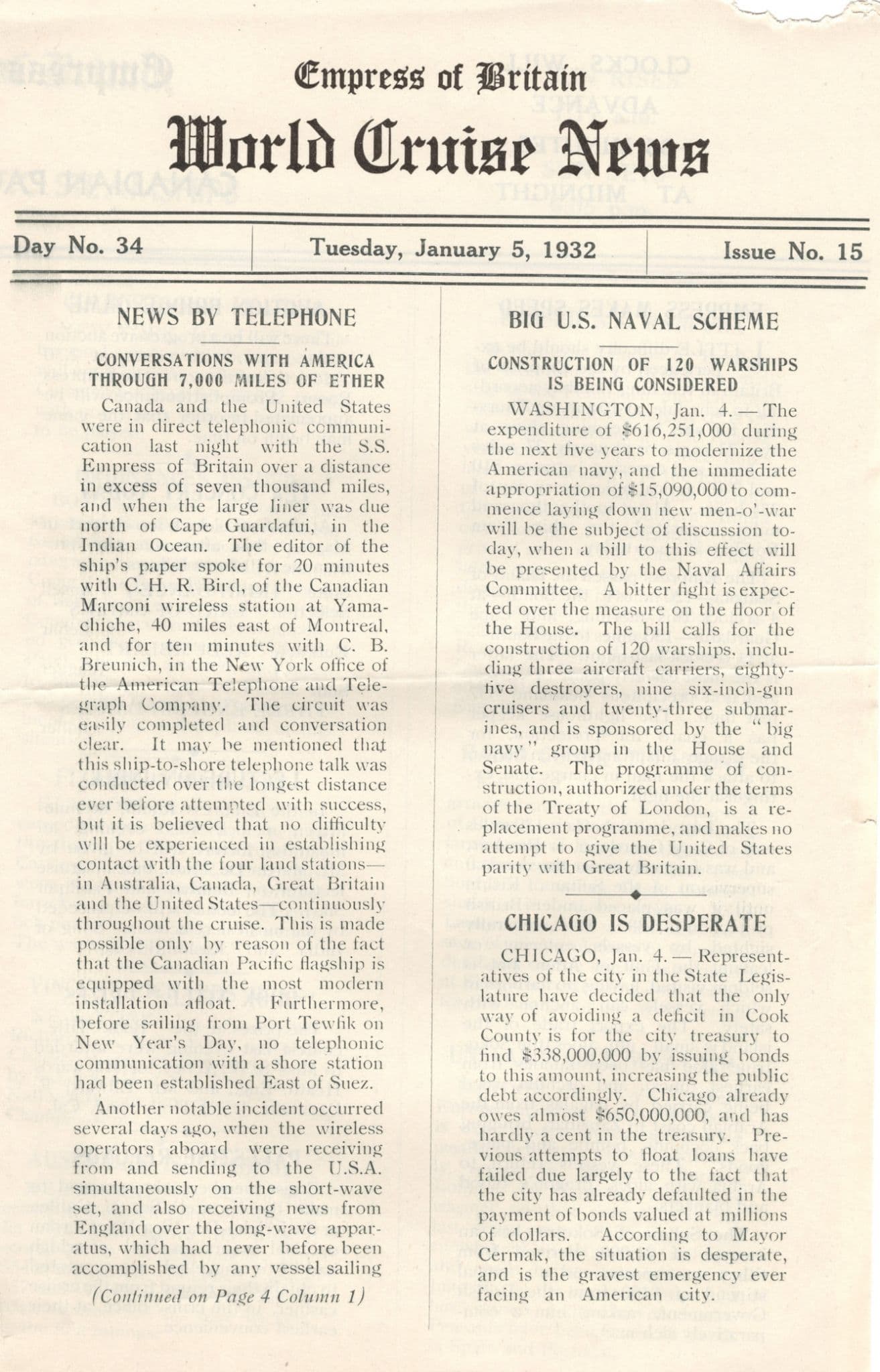 Empress Of Britain Ship 5th January 1932 Old News Guide Ether Telephone