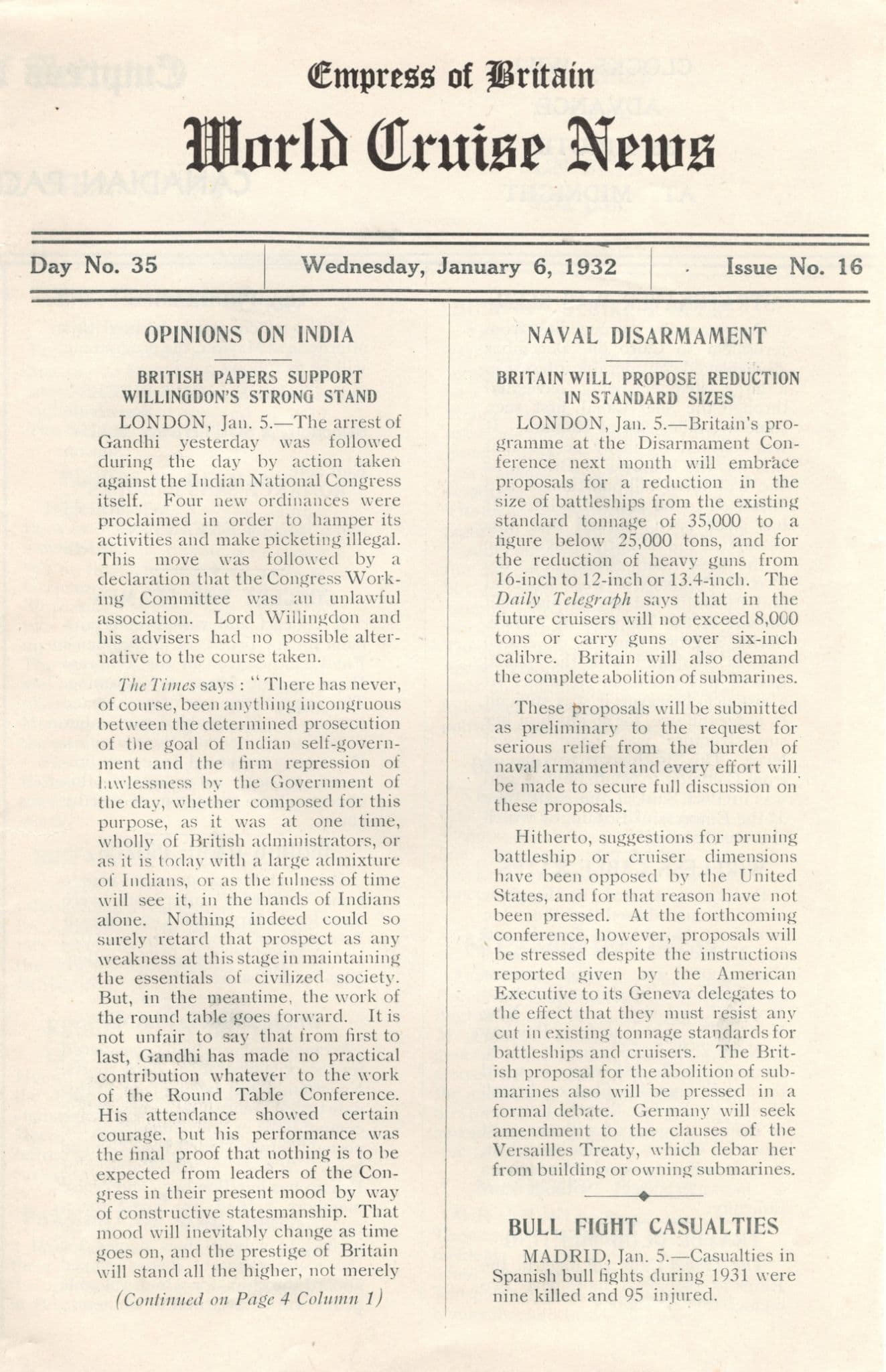 Empress Of Britain Ship 6th January 1932 Old News Guide Gandhi Arrest